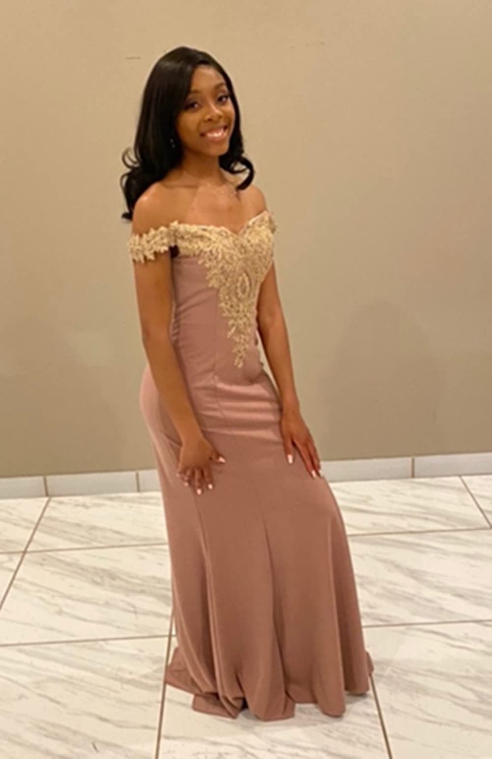 MisShow Elegant Long Gold Lace Applique Mermaid Prom Dress - Off Shoulder Formal Evening Gown for Women | Perfect for Homecoming, Wedding Guest, and Black Tie Events