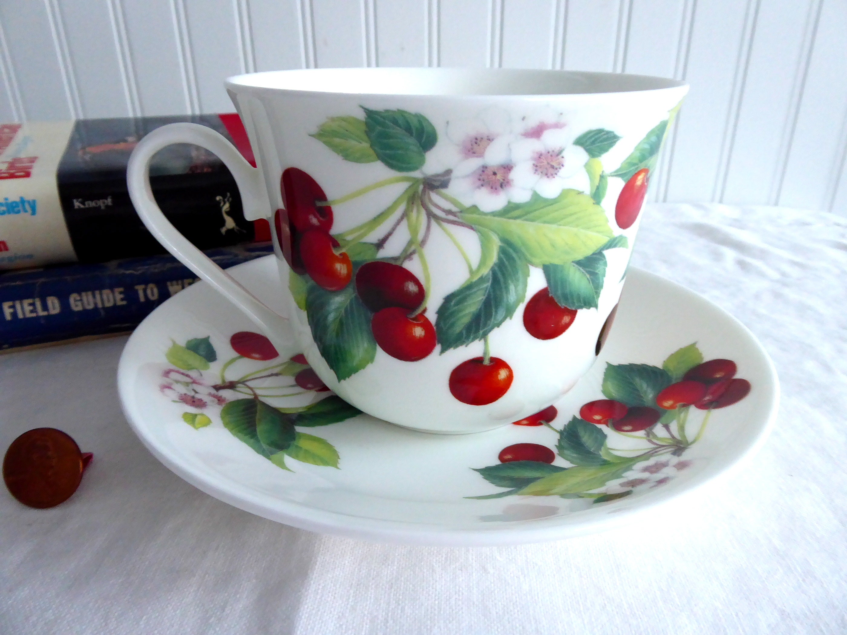 Roy Kirkham Bone China Cherry Breakfast Cup and Saucer Set - Large Red Cherry Design for Tea, Coffee, and Elegant Morning Dining