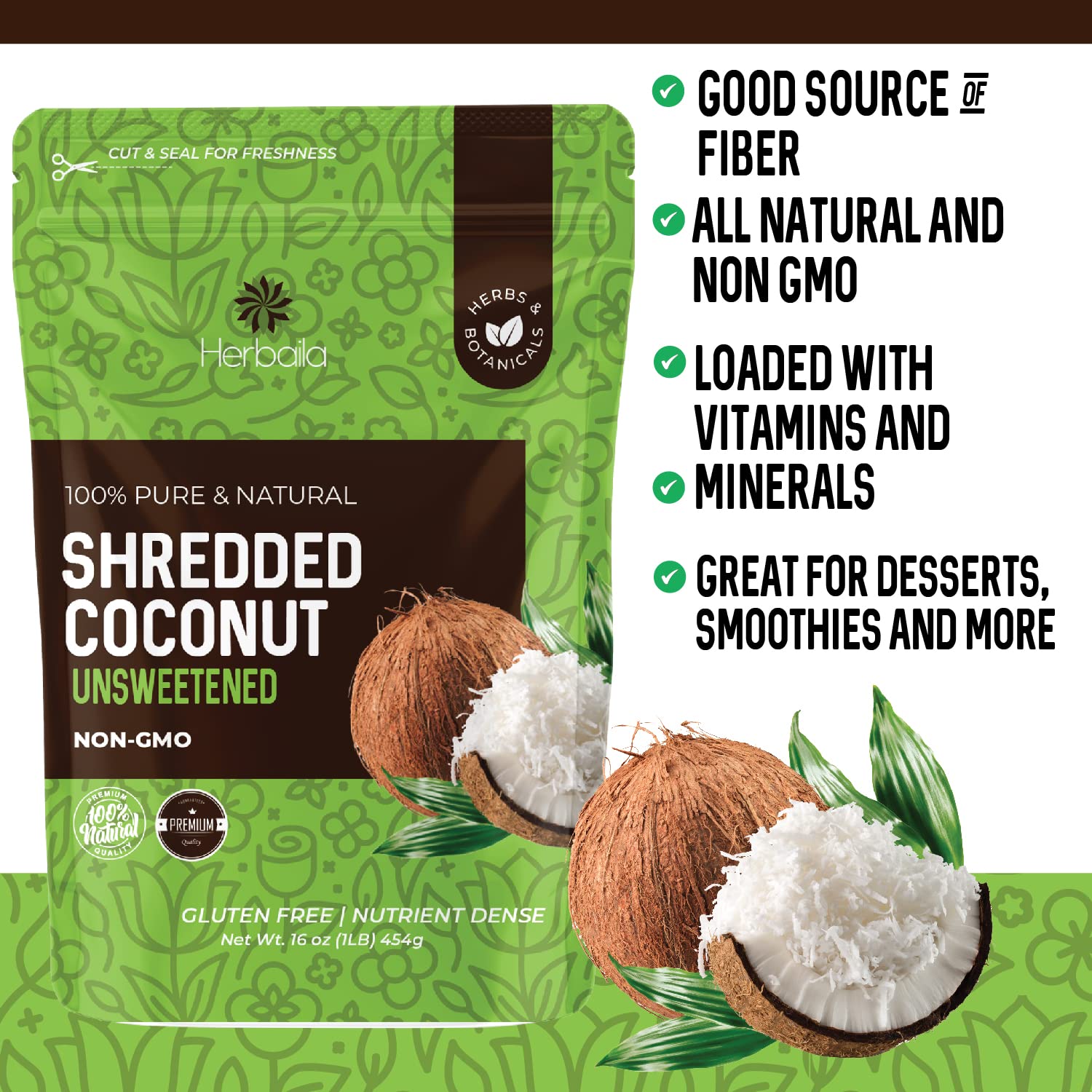 Herbaila Unsweetened Shredded Coconut Flakes - 1 lb (16 oz) | All Natural, Non-GMO, Dried Coconut Shavings for Baking, Cooking & Smoothies | Premium Quality Coconut Flakes for Desserts, Granola & Healthy Snacks
