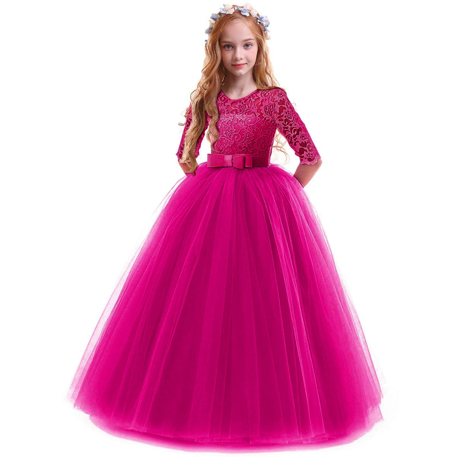 Bowknot Flower Girl Dress for Weddings & Performances - Princess Lace Formal Gown with Cold Shoulder Design for Toddlers (Hot Pink, Size 150) - Perfect for Flower Girls, Pageants, and Special Occasions