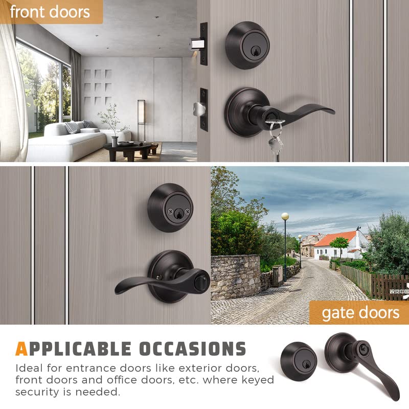 KNOBWELL 1 Pack Keyed Entry Door Levers - Exterior Door Lock Set with Double Keyed Deadbolt, Reversible for Right/Left Hand, Keyed Alike, Oil Rubbed Bronze Finish - Perfect for Front Doors, Back Doors & Home Security