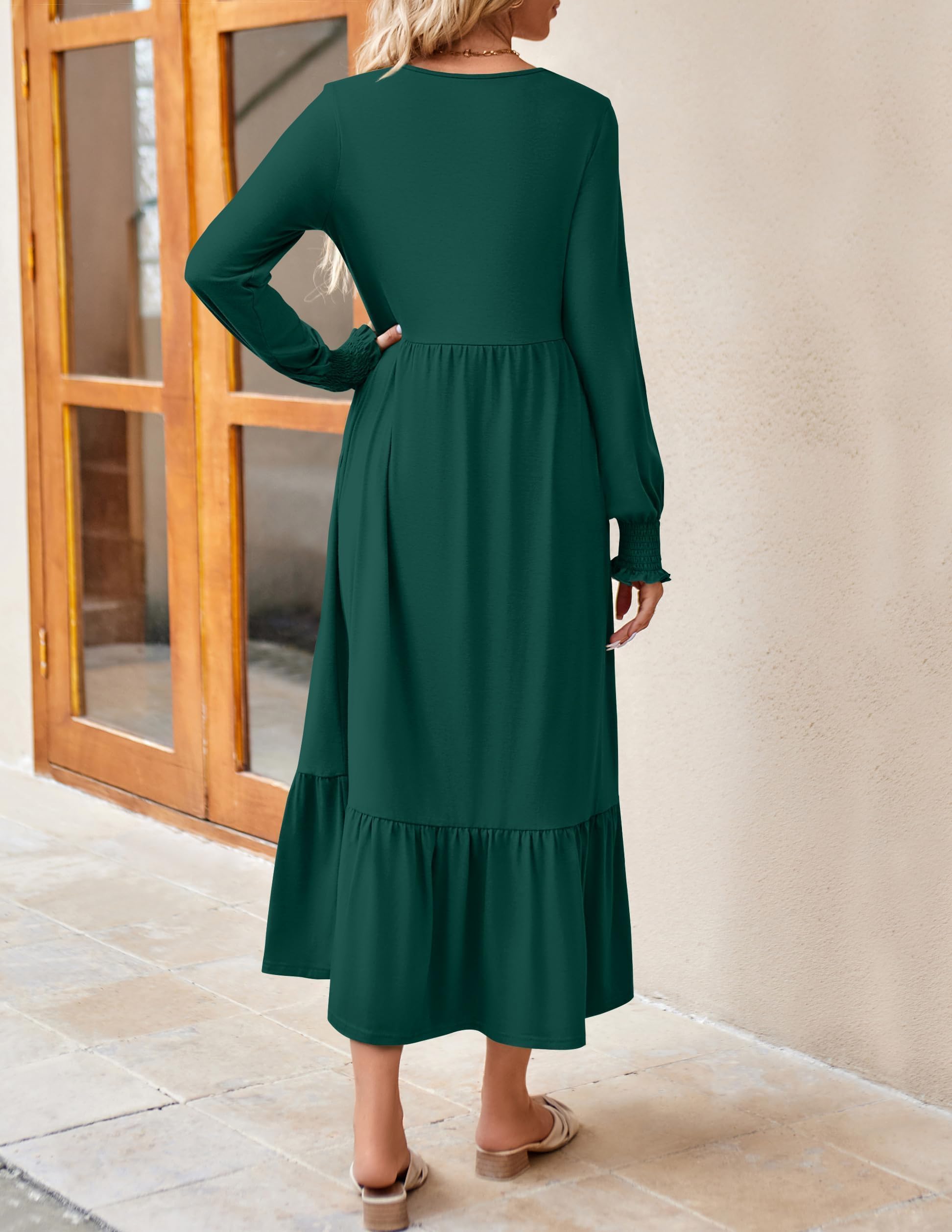 ZESICA Women's Long Sleeve Pleated Swing Dress - Crewneck Casual Tiered Midi Dress with Pockets for Spring 2025 | Perfect for Office, Brunch & Date Nights