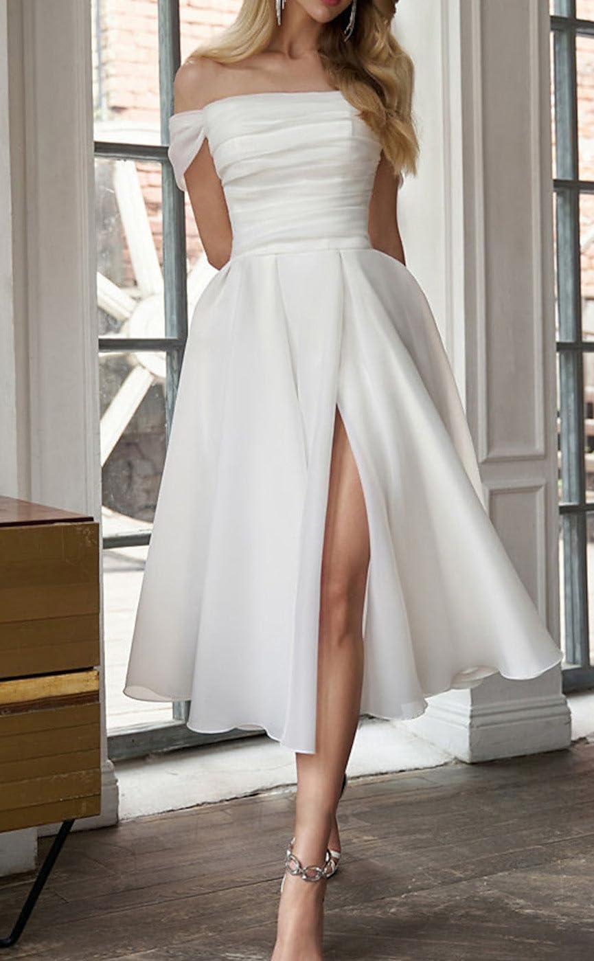 Off Shoulder Short Wedding Dresses for Brides - A-Line Pleated High Slit Tulle Beach Bridal Gown with Corset | Perfect for Beach Weddings, Destination Elopements & Summer Bridal Parties (2025 Collection)
