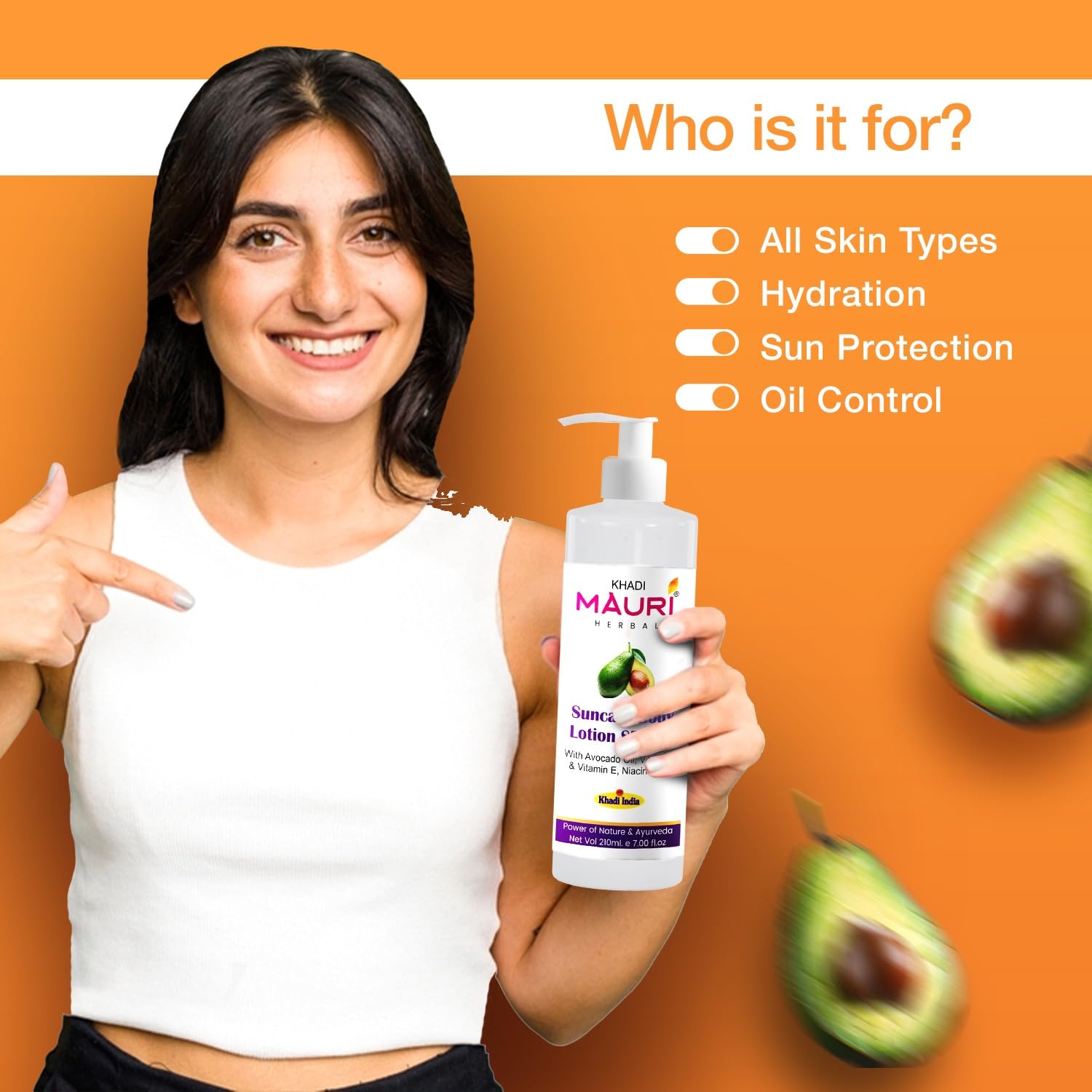Khadi Mauri Herbal Suncare Body Lotion SPF 50 - Broad Spectrum Sunscreen with Avocado Oil, Vitamin A, E & Niacinamide | Hydrating & Nourishing Skin Care for Dry Skin | 210 ml | Perfect for Beach, Pool & Outdoor Activities