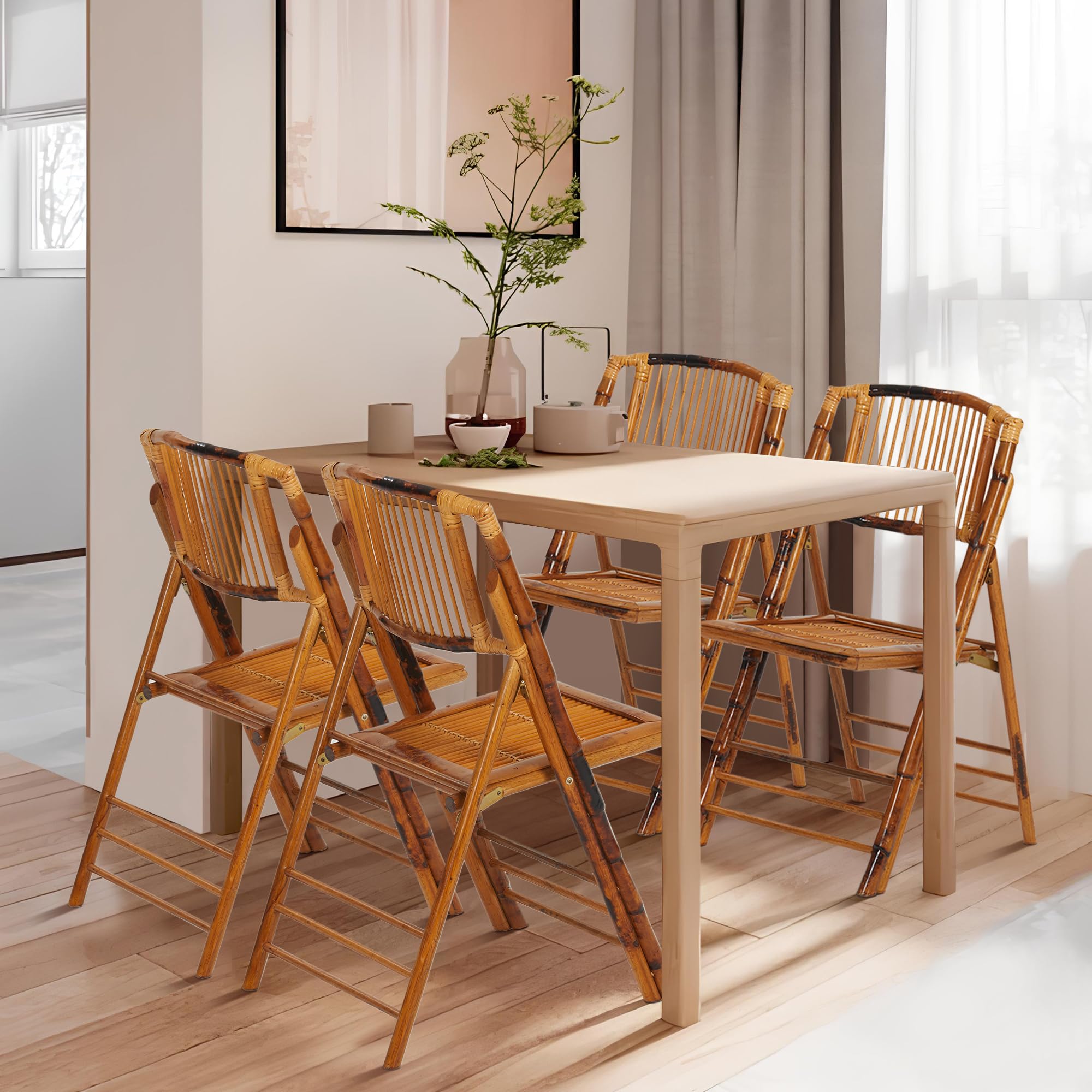 Real Relax 8-Pack Bamboo Folding Chairs - Foldable Stackable Patio Dining Chairs for Indoor Outdoor Use - Perfect for Living Room, Bedroom, Garden, Balcony & Backyard Gatherings