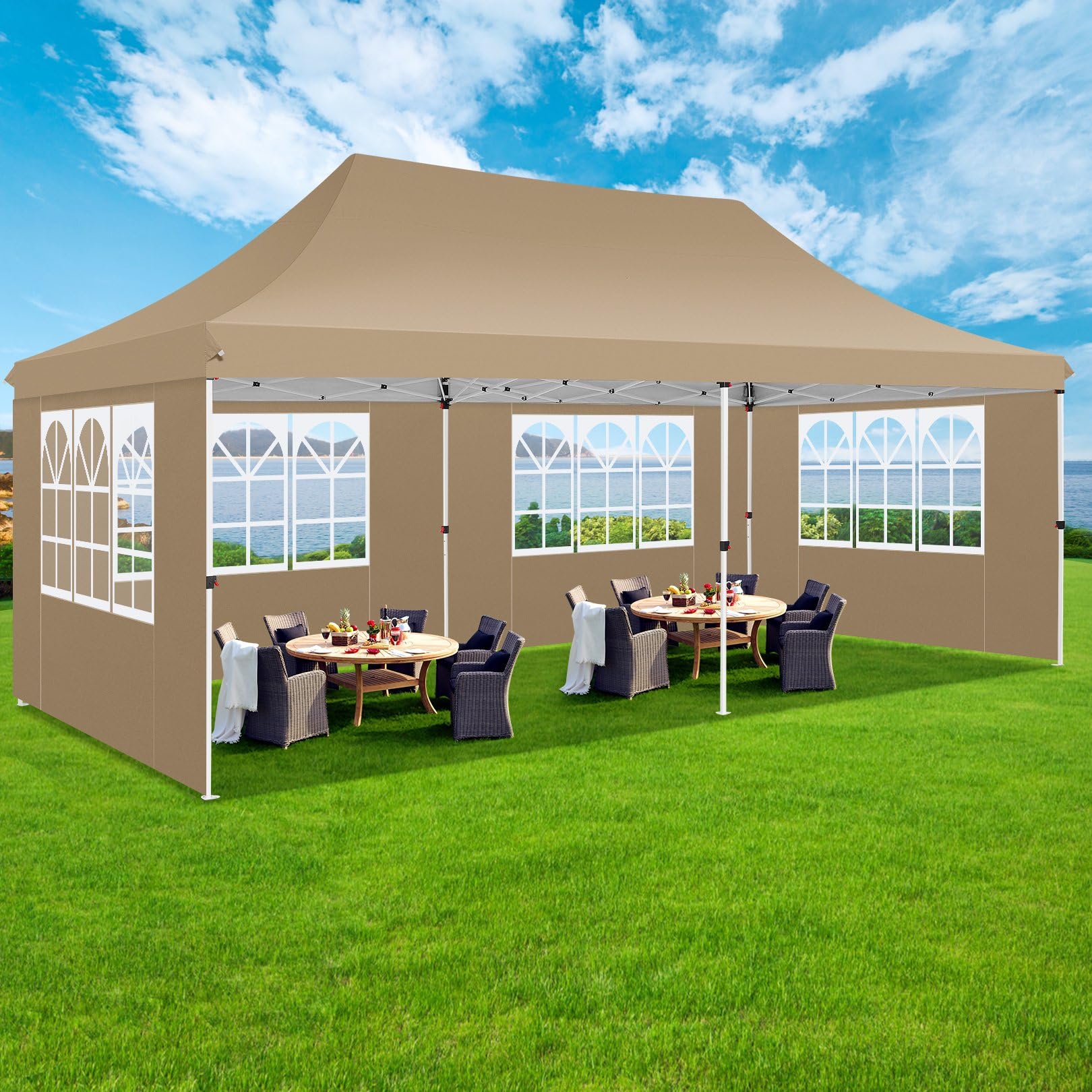 COBIZI 10x20 Pop Up Canopy Tent with 6 Removable Sidewalls - Waterproof Instant Gazebo for Outdoor Events, Parties & Commercial Use | Easy Setup Shelter with Sandbags (Khaki) | Perfect for Backyard BBQs, Farmers Markets & Beach Gatherings