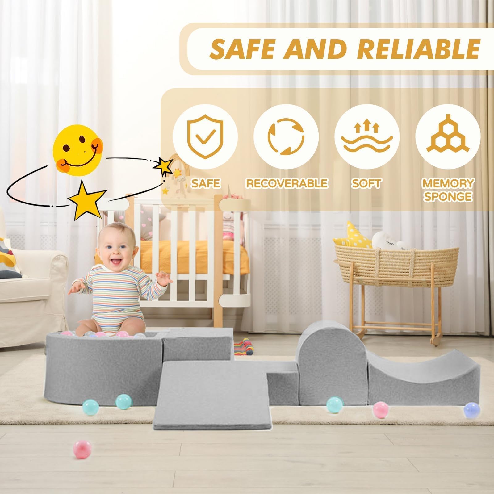 **Hoopyosms Foam Climbing Blocks for Toddlers – Soft Play Gym Set with 4 Blocks & Ball Pit (Balls Included) – Indoor Crawling, Sliding & Play for Kids – Perfect for Playrooms, Daycares & Safe Toddler Activities**
