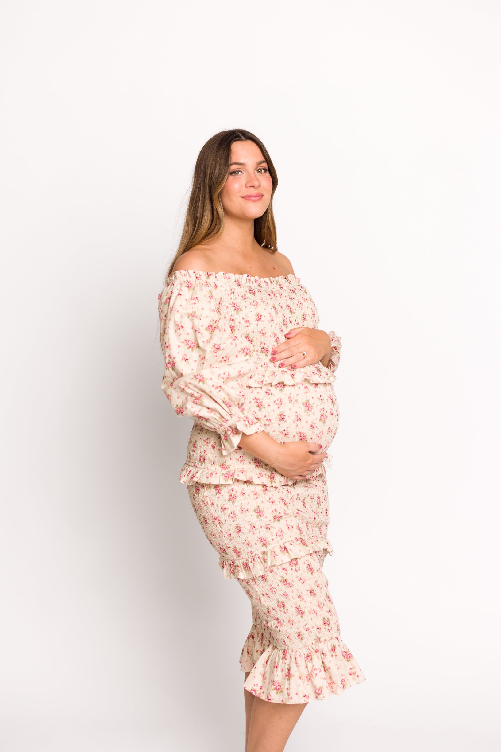 Lila Floral Printed Smocked Midi Dress - Pink Maternity Dress for Pregnancy, Bump Friendly, Summer Casual Wear, Baby Shower & Photoshoot Outfit
