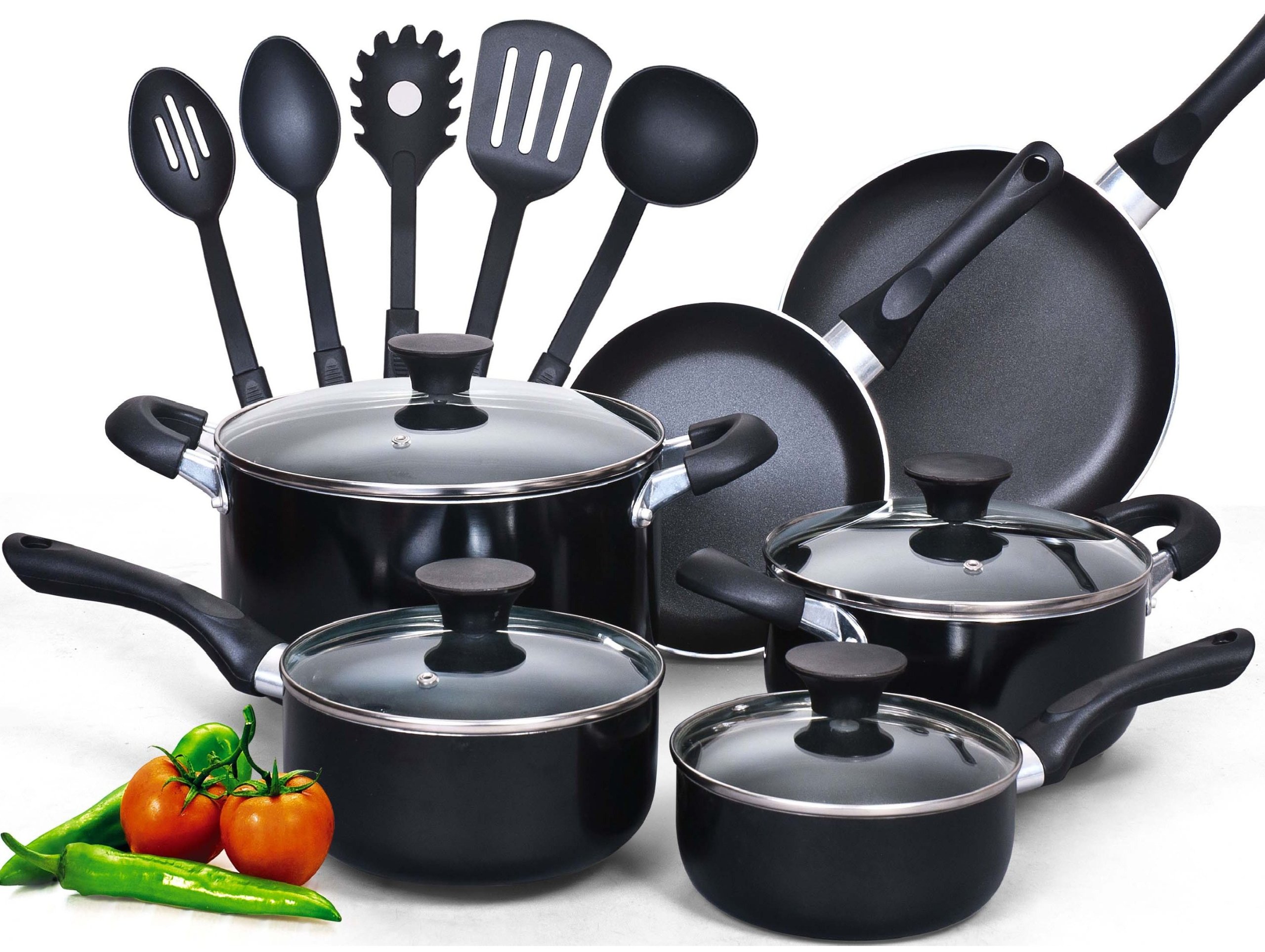 15-Piece Nonstick Cookware Set by Cook N Home - Black Pots & Pans for Everyday Cooking | 16-Piece Porcelain Dinnerware Set by Amazon Basics - White Plates, Bowls & Mugs for Family Dining (Service for 4) | Perfect for Home Kitchens & Entertaining Guests