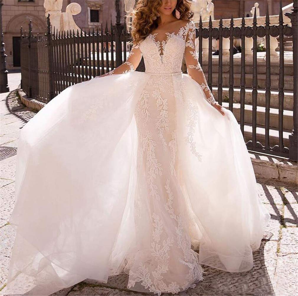 Elegant White Lace Mermaid Wedding Dress with Long Sleeves & Detachable Skirt - Applique Bridal Gown for Women | Perfect for Beach, Church, and Formal Wedding Ceremonies