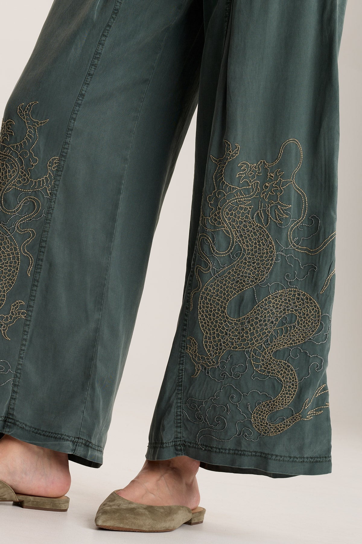Phedora Women's High Waisted Twill Embroidered Wide Leg Pants - Comfortable Casual Lounge Pants for Work, Travel & Everyday Wear