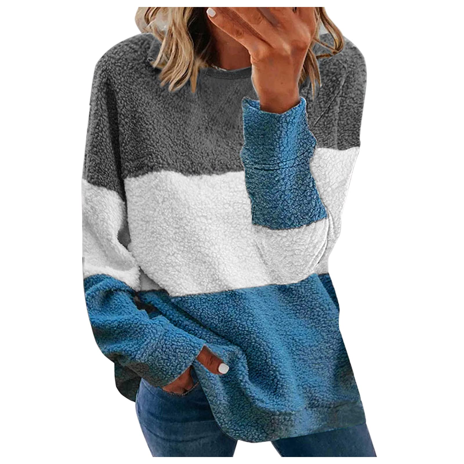 Women's Loose Long Sleeve Round Neck Plush Hoodie & Sweatpants Set - Grey 2 Piece Outfit for Casual Wear, Loungewear, and Winter Fashion