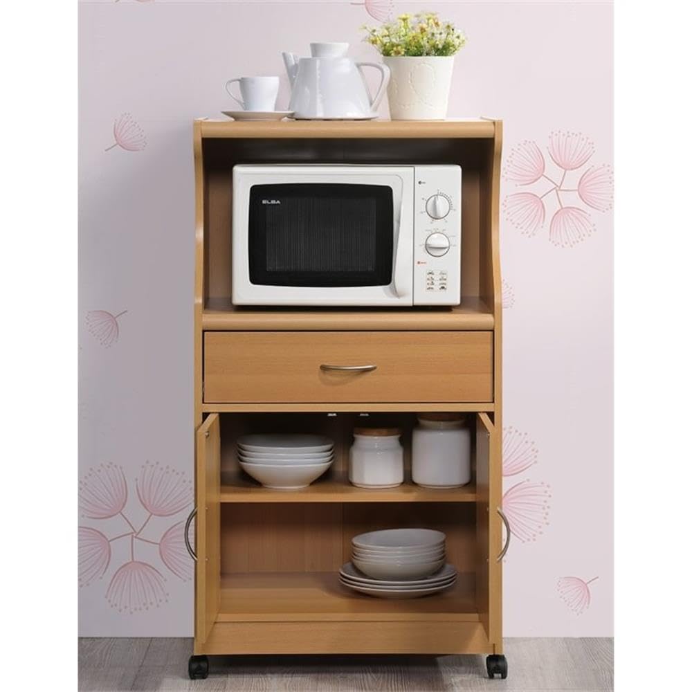 HODEDAH Beech Microwave Cart with Storage Drawer, 2 Doors & Shelf - Compact Kitchen Organizer for Small Spaces, Apartments & Dorm Rooms