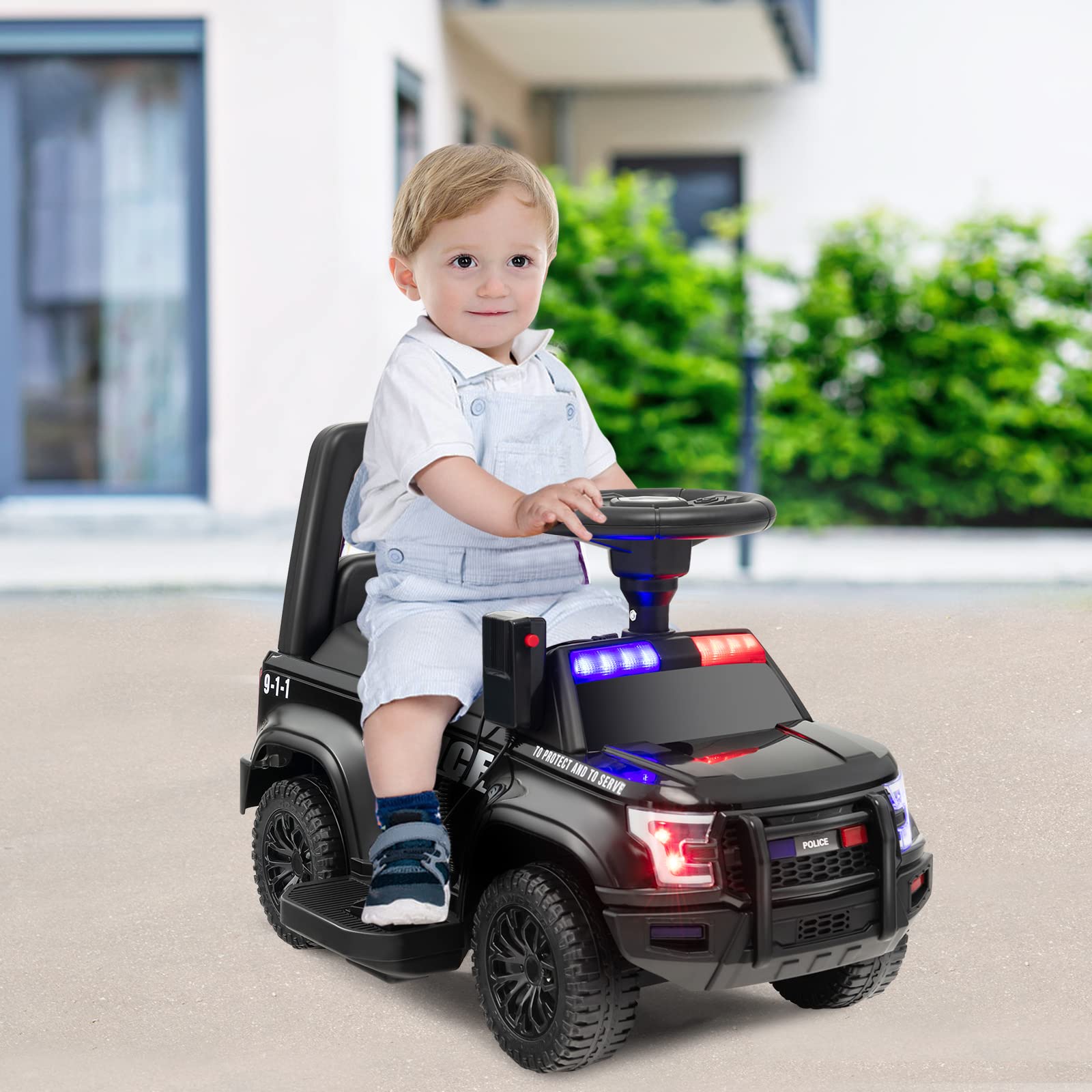COSTWAY 6V Kids Electric Police Car with Side Megaphone, Horn, Alarm Light & Siren Sound - Wide Footrest Battery-Powered Ride-On Toy Vehicle for Children Ages 1.5-5 Years (Black) | Perfect for Outdoor Play, Birthday Gifts & Pretend Police Adventures