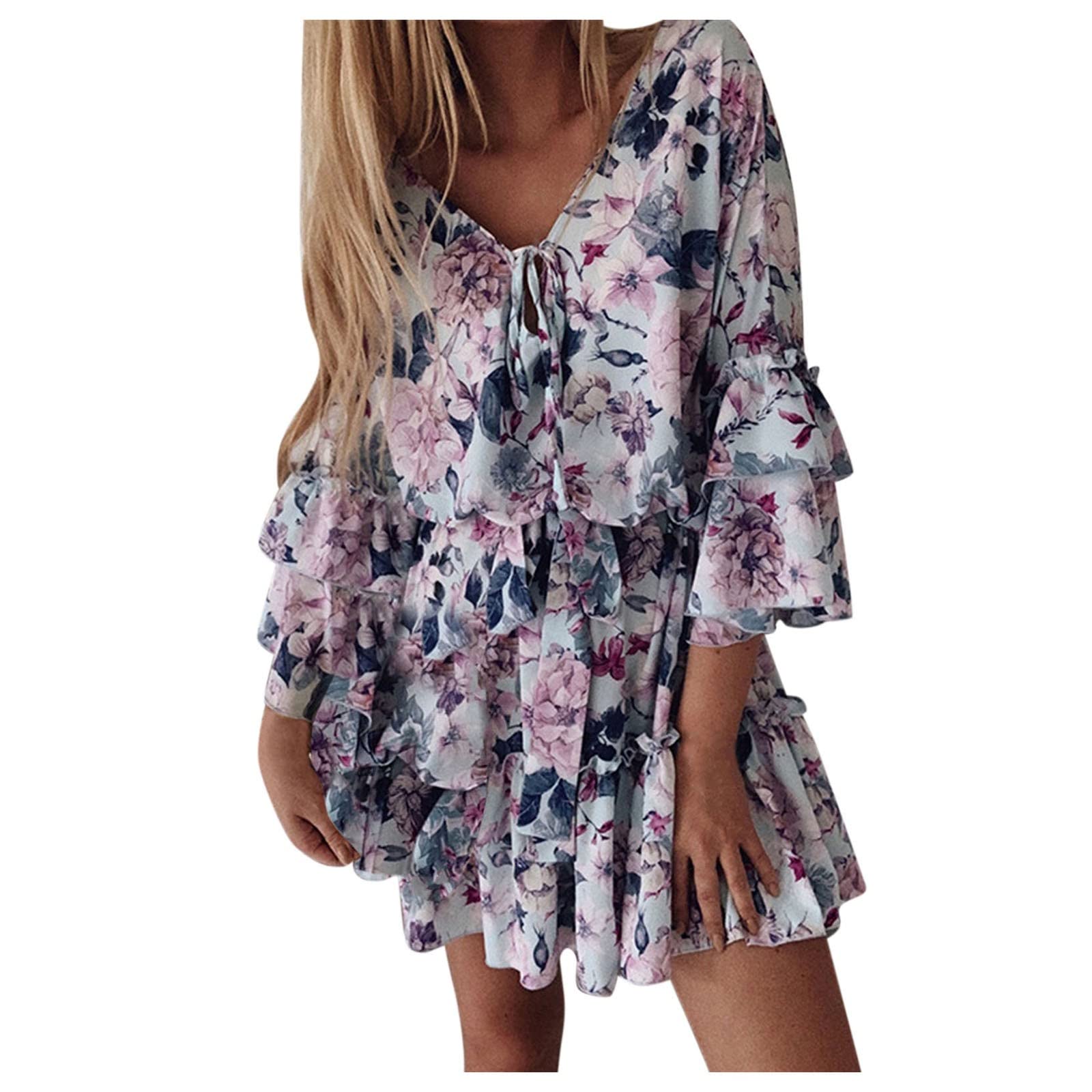 Women's White Summer Casual Dress - Sweet Cute V-Neck Mini Dress with Pockets, Short Sleeve Ruffles | Perfect for Beach Outings, Date Nights & Summer Parties