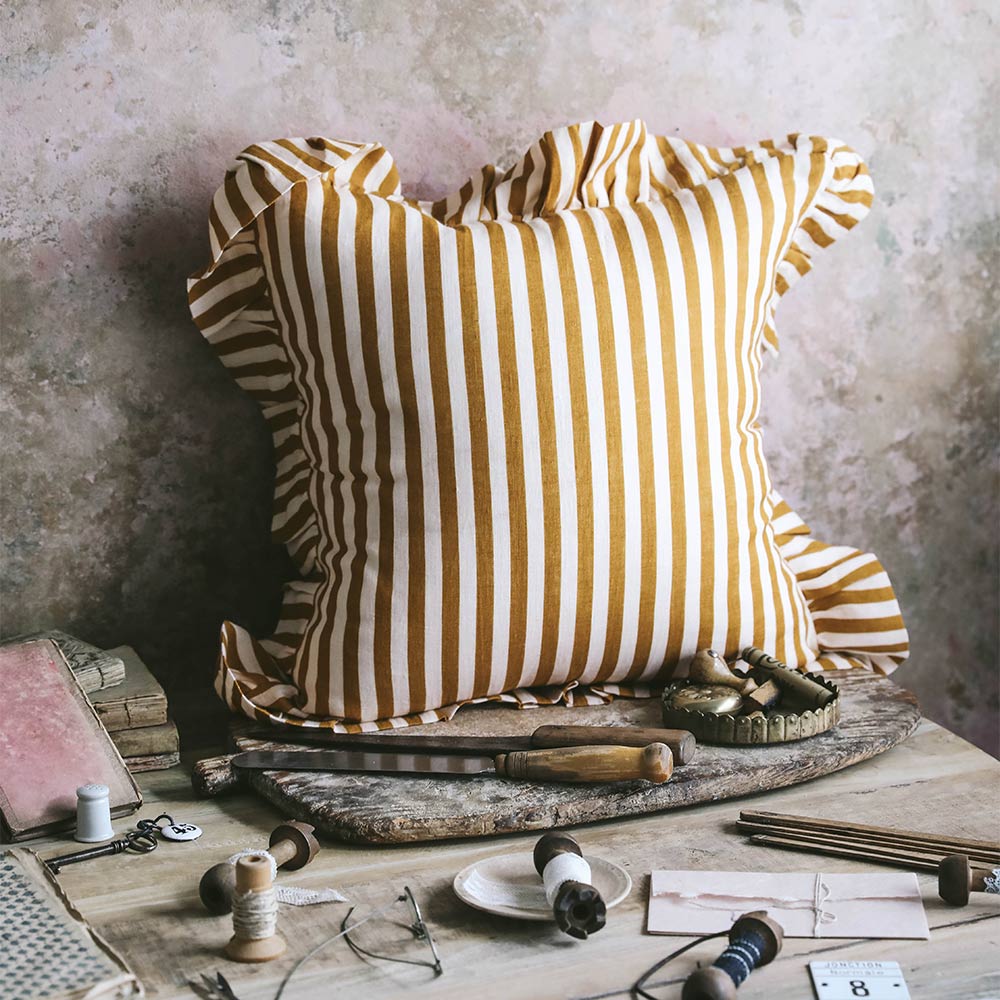 Linen Pillow Cover - Ochre Candy Stripe Pattern - Soft & Breathable Decorative Pillowcase for Sofa, Bed, Couch - Home Decor & Living Room Accessories