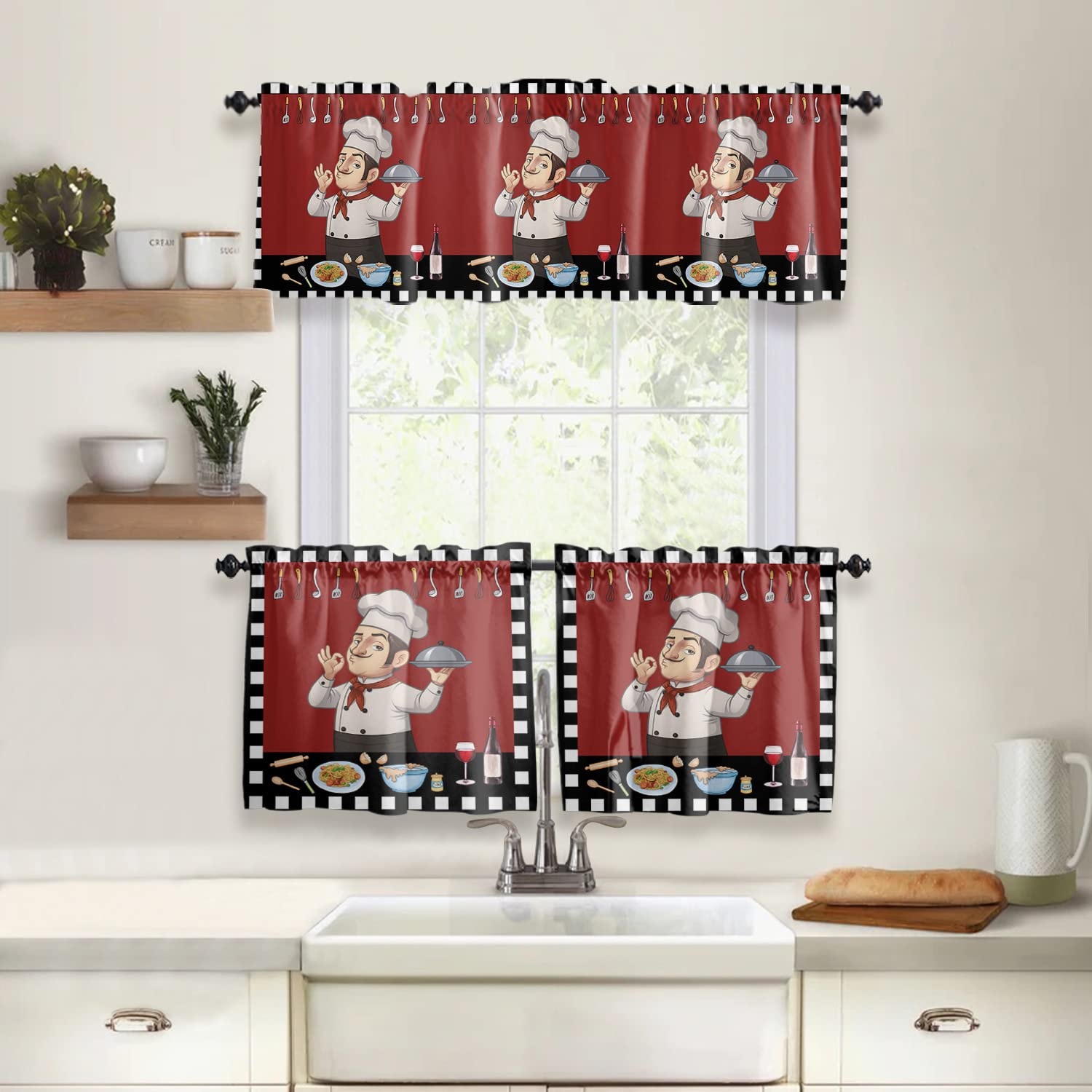3-Piece Kitchen Curtain Set with Rod Pocket - Funny Chef & Kitchenware Design, Red Small Window Valance with Black & White Check Border - Perfect for Farmhouse, Cafe, or Home Kitchen Decor