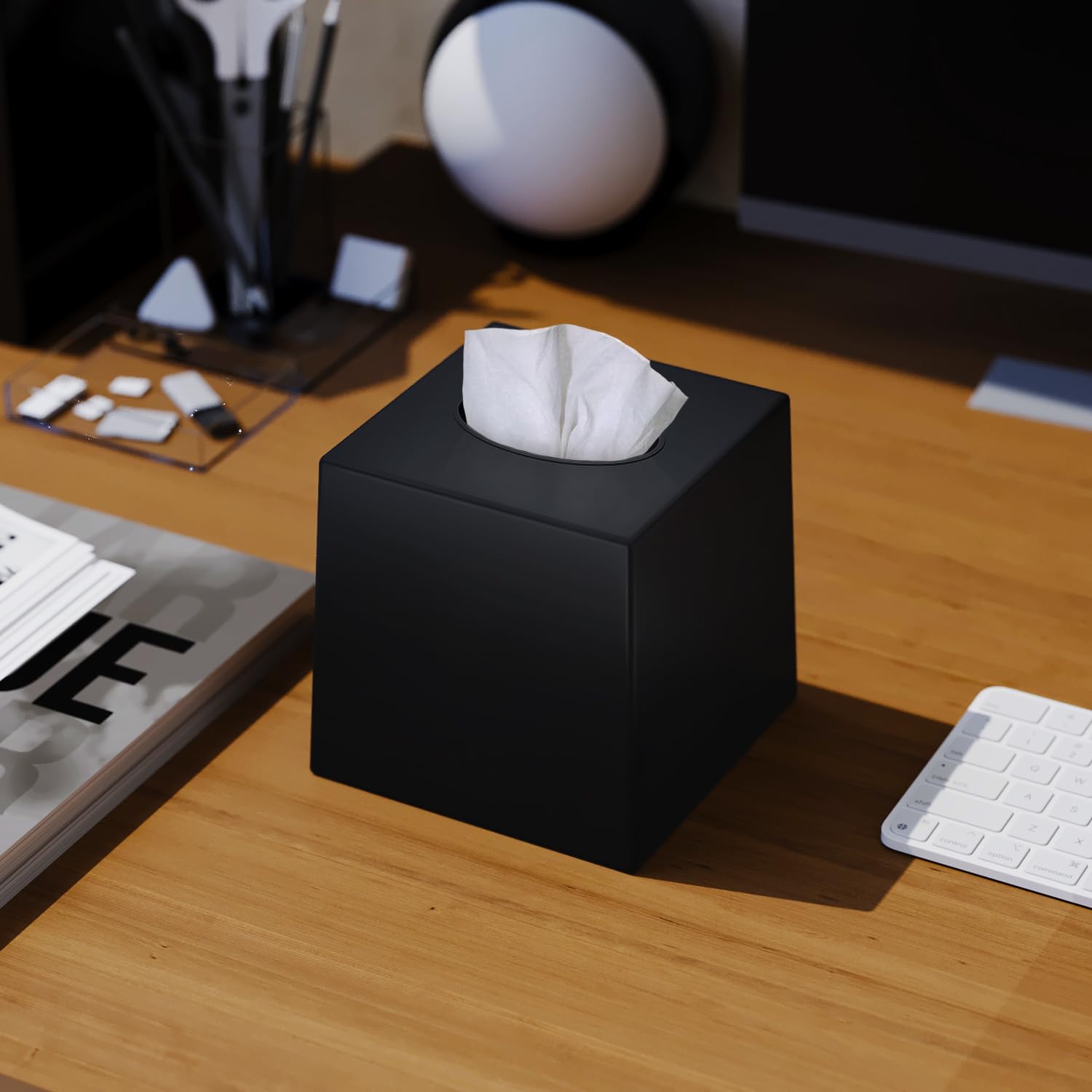 Black Square Plastic Tissue Box Cover - Decorative Cube Tissue Holder Dispenser for Living Room, Office Desk & Vanity Countertop (5.5
