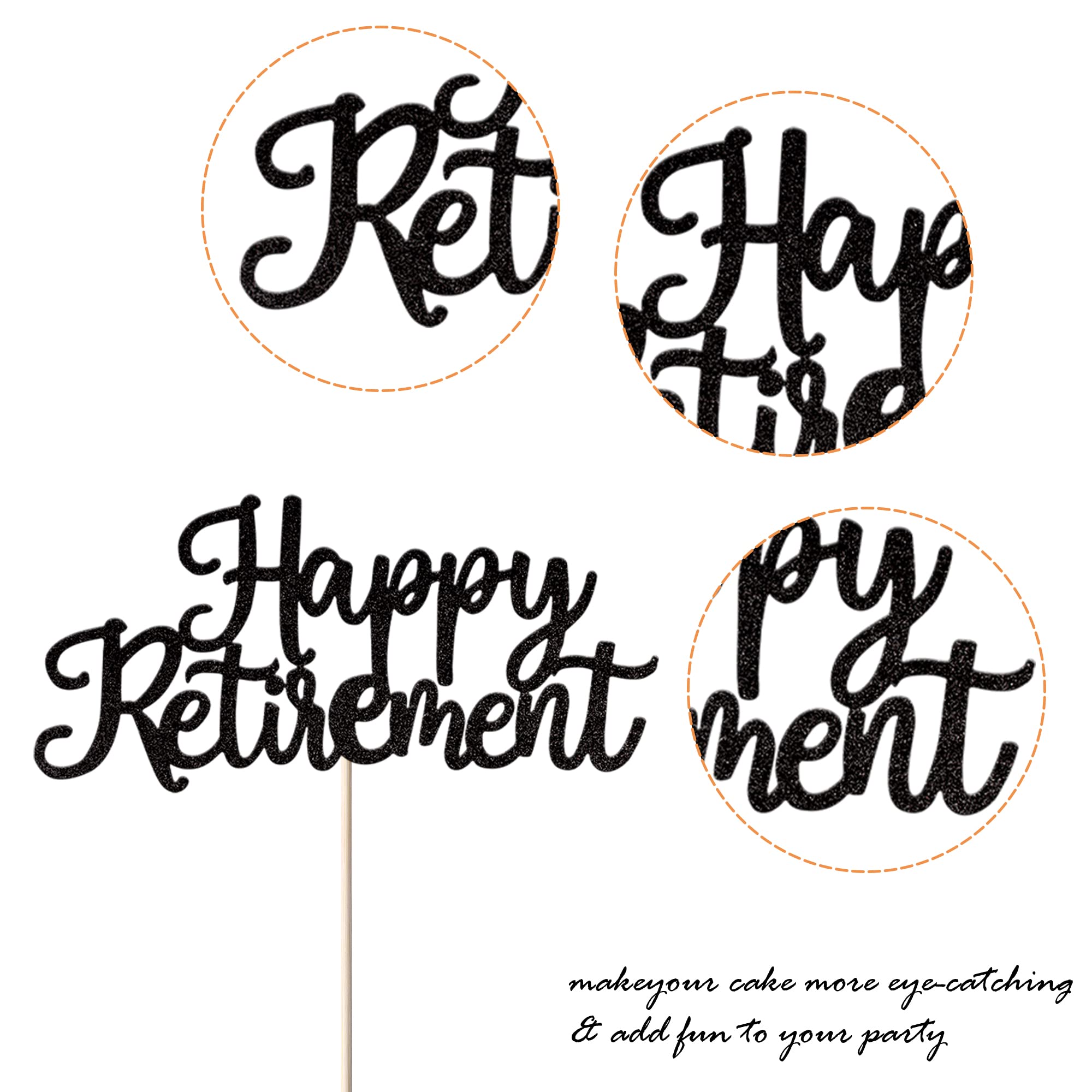 1 Pack Happy Retirement Cake Topper - Glitter Retired Cake Pick - Retirement Birthday Party Cake Decoration Supplies - Black - Perfect for Retirement Parties, Office Celebrations & Farewell Cakes