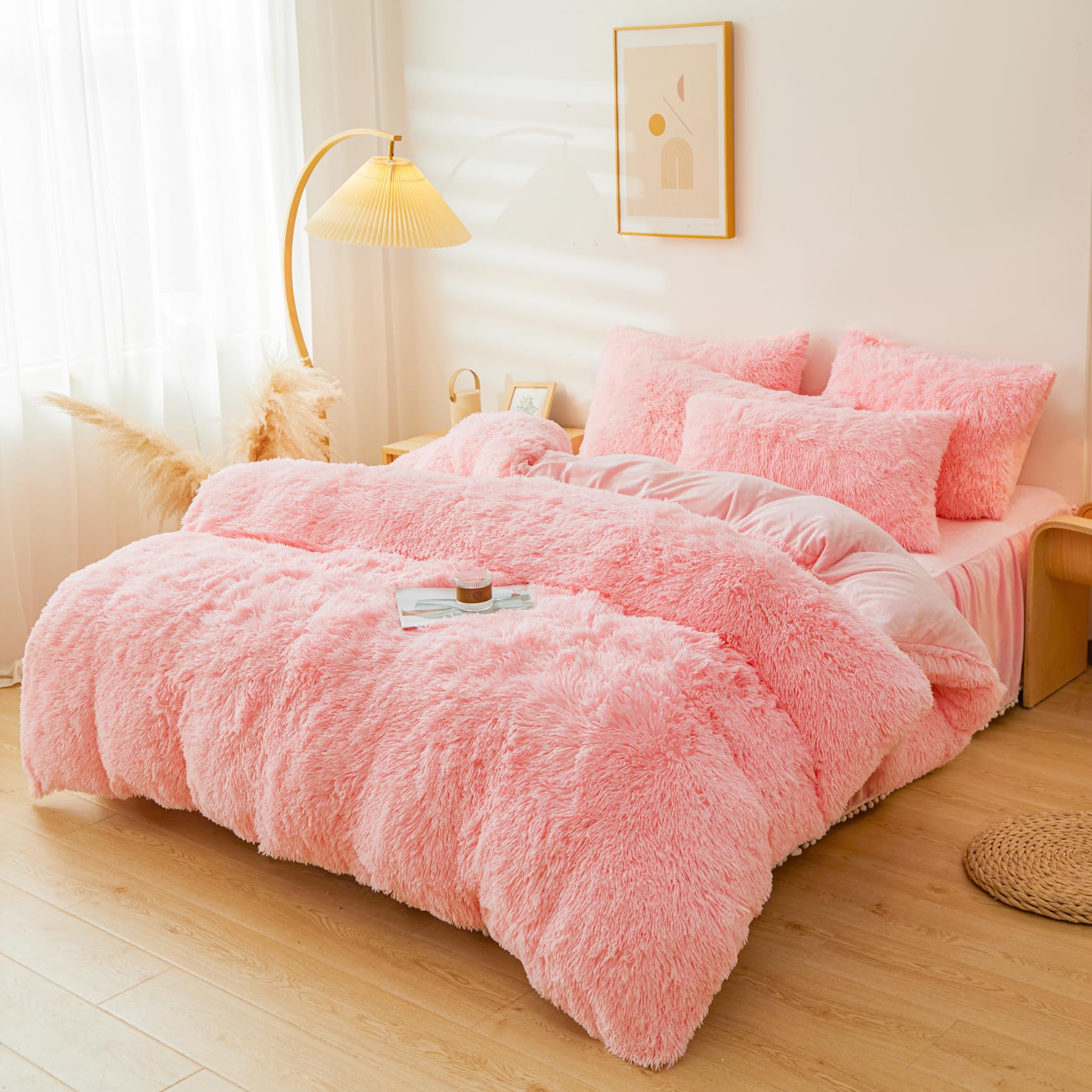 Fluffy Pink Faux Fur Comforter Cover Set - Ultra Soft Plush Bedding 3 Piece Set (1 Duvet Cover + 2 Pillowcases) for Queen Size Bed - Cozy Winter Bedroom Decor & Luxury Home Essentials