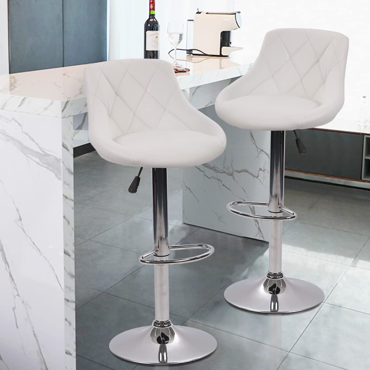 Adjustable Counter Height Bar Stools Set of 2 - PU Leather Swivel Barstools with Footrest - Modern Kitchen Counter Stools for Bar, Bistro, Patio & Pub - Perfect for Entertaining, Dining & Relaxing - White