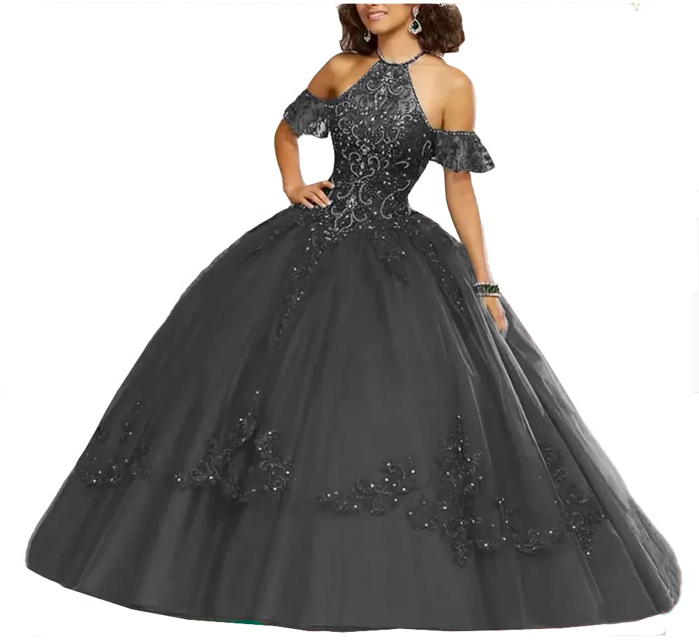 Elegant Women's Halter Beaded Quinceañera Dress with Sequins & Sleeves - Sweet 16 Ball Gown for Princess Birthday Party, Prom, Homecoming, and Formal Events