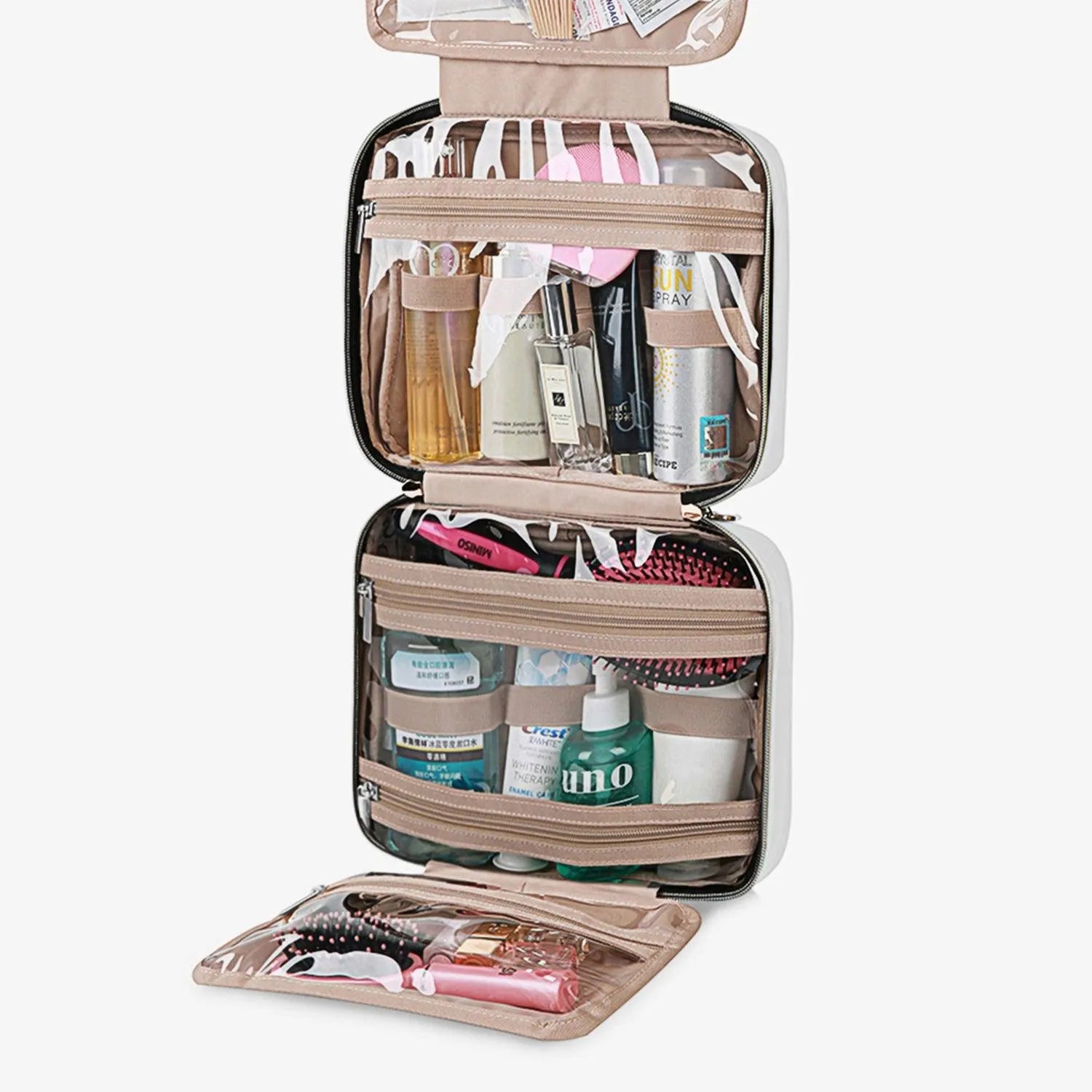 Bonchemin Beige Space Saving Toiletry Bag for Travel - Compact Hanging Cosmetic Organizer with Multiple Pockets, Perfect for Bathroom, Camping & Gym Essentials