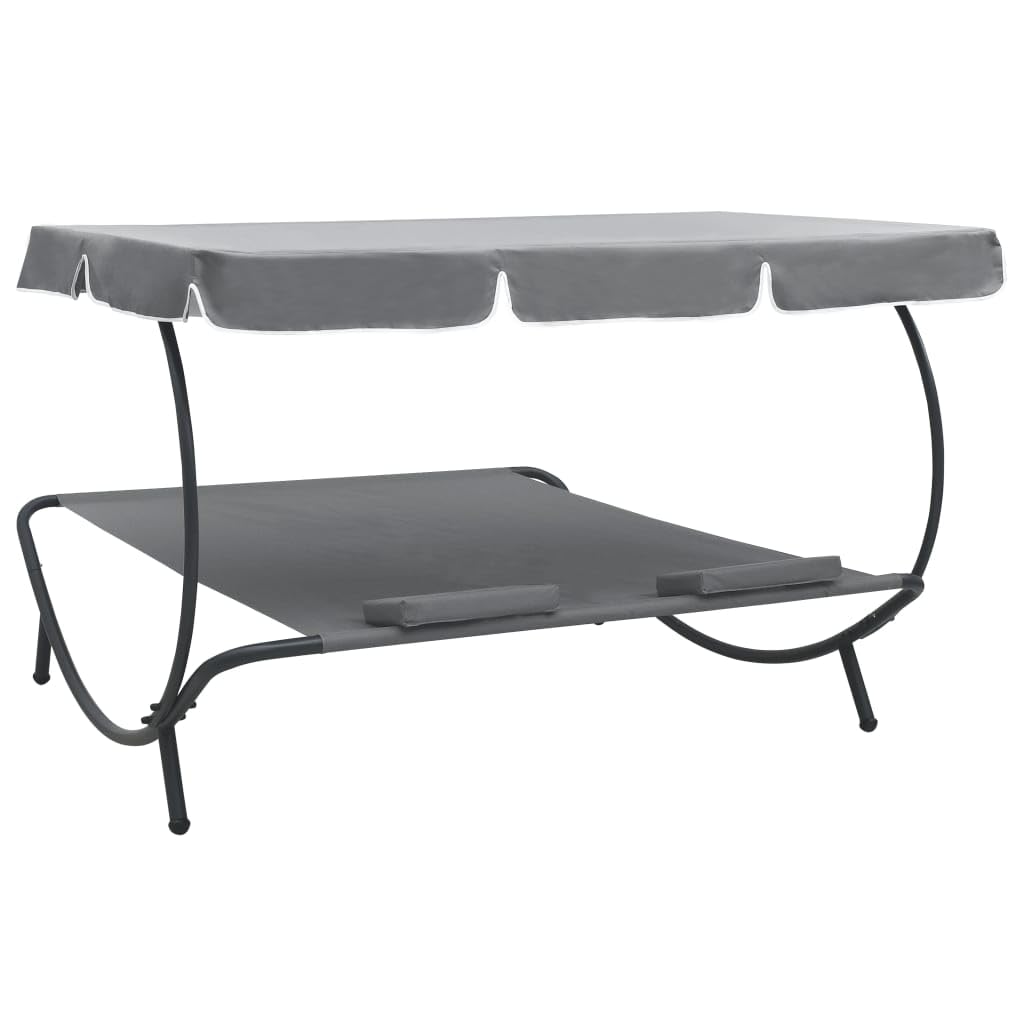 vidaXL Outdoor Double Chaise Lounge with Canopy & Pillows - Patio Daybed for Backyard, Poolside, Lawn - Gray Water-Resistant Lounge Chair for Sunbathing & Relaxing