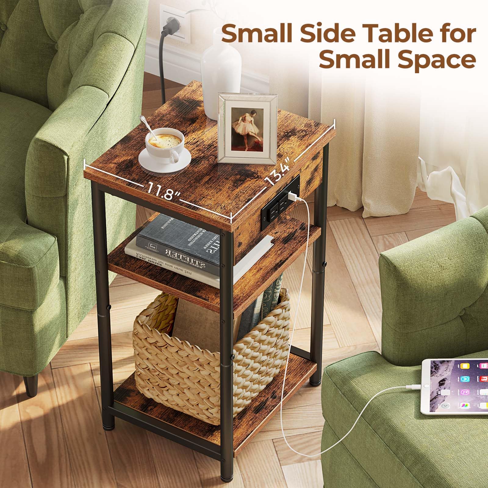 Rolanstar Small End Table with USB Charging Station & 3 Storage Shelves - Narrow Nightstand for Bedroom, Living Room - Rustic Brown Side Table Perfect for Small Spaces | Ideal for Charging Devices & Organizing Essentials