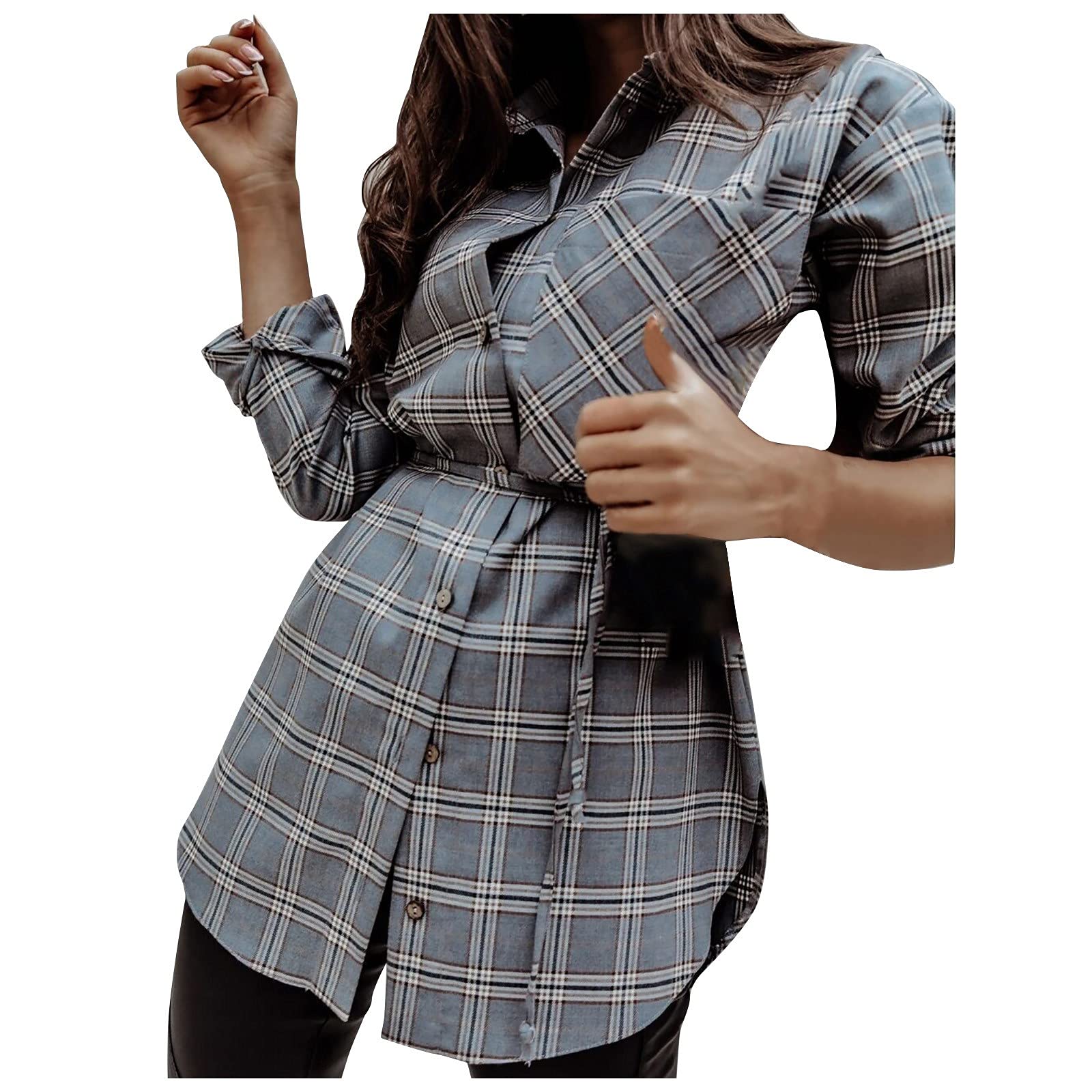 Women's Slim Fit Button Down Shirt - Formal Plaid Long Sleeve Dress Shirt with Tie Waist & Side Split for Office Work | Business Casual, Professional Meetings & Smart Office Outfits