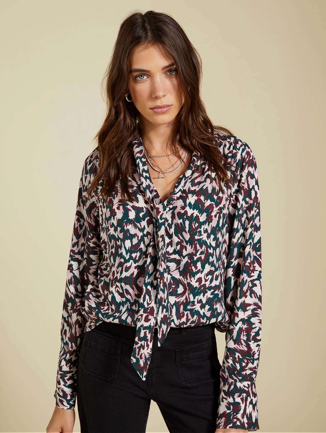 Effie LENZING™ ECOVERO™ Printed Tie Neck Blouse - Beige Animal Print Women's Fashion Top for Work & Casual Wear