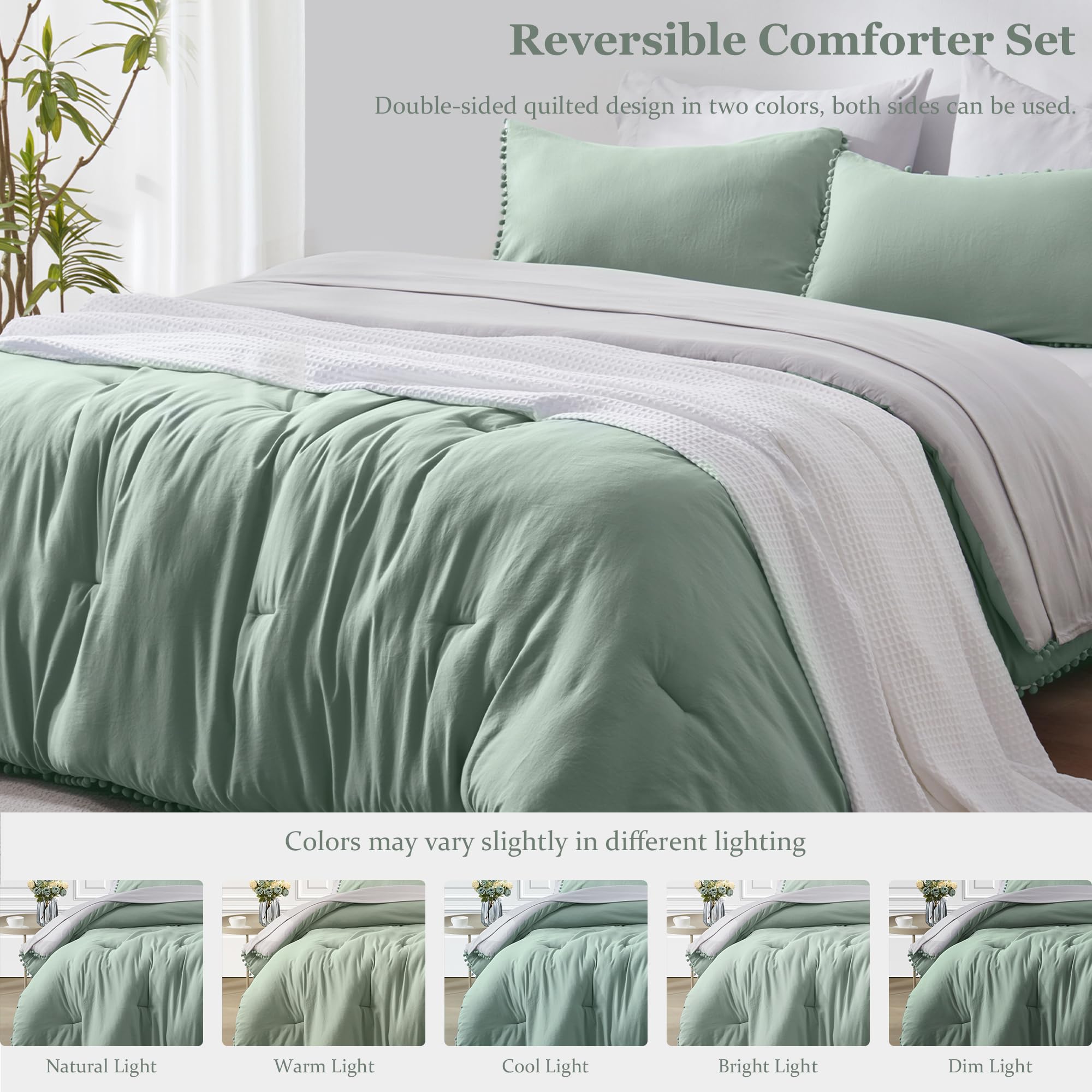GRT 7-Piece Reversible Queen Size Bed in a Bag Comforter Set with Pom Pom Fringe - Green Bedding Set Includes Comforter, Pillow Shams, Flat Sheet, Fitted Sheet & Pillowcases - Perfect for Master Bedrooms, Guest Rooms & Cozy Home Decor