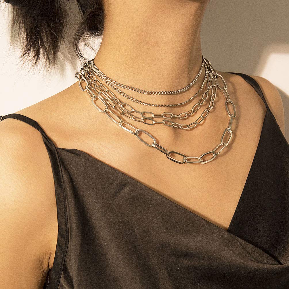 Chunky Punk Chain Silver Statement Collar Necklace for Women - Bold Gothic Jewelry for Parties, Concerts & Edgy Fashion