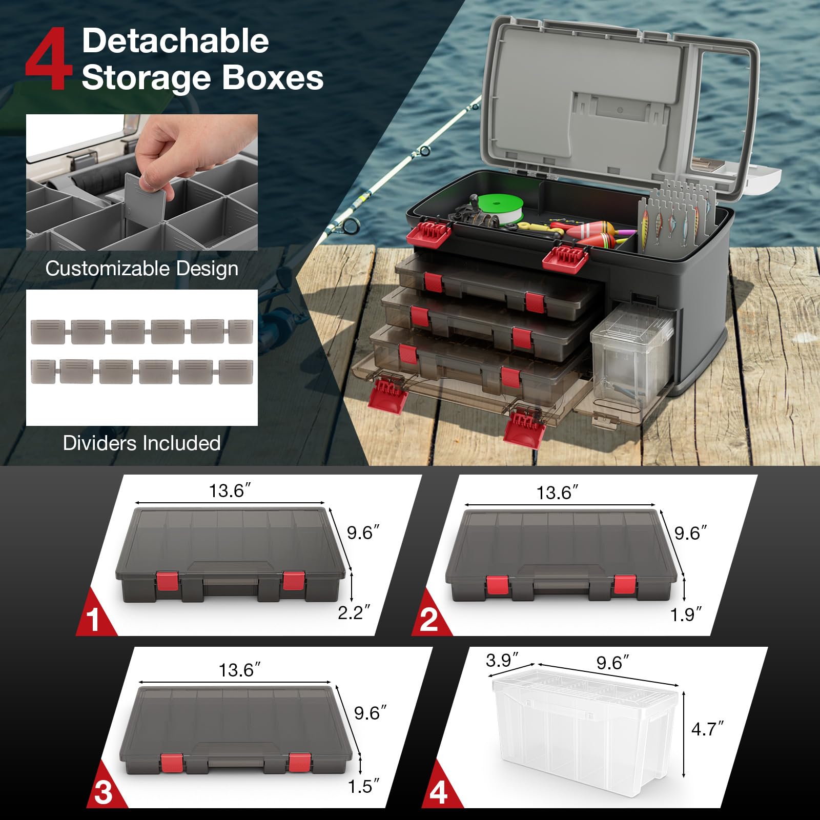 Goplus Large Fishing Tackle Box - Portable Waterproof Storage Organizer with 3 Adjustable Compartments, Side Storage & Double-Layer Top Compartment - Perfect for Fishing Gear, Camping Tools & Outdoor Equipment Organization