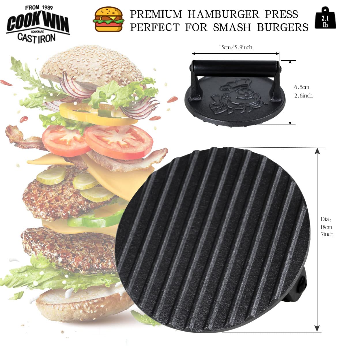 Heavy Duty 7 Inch Cast Iron Burger Press - Smash Burger, Bacon & Sandwich Press with Heat Insulation Handle - Round Hamburger Smasher for Griddle - Includes 50 PC Patty Papers (Perfect for Backyard BBQs, Diner-Style Burgers & Restaurant Cooking)