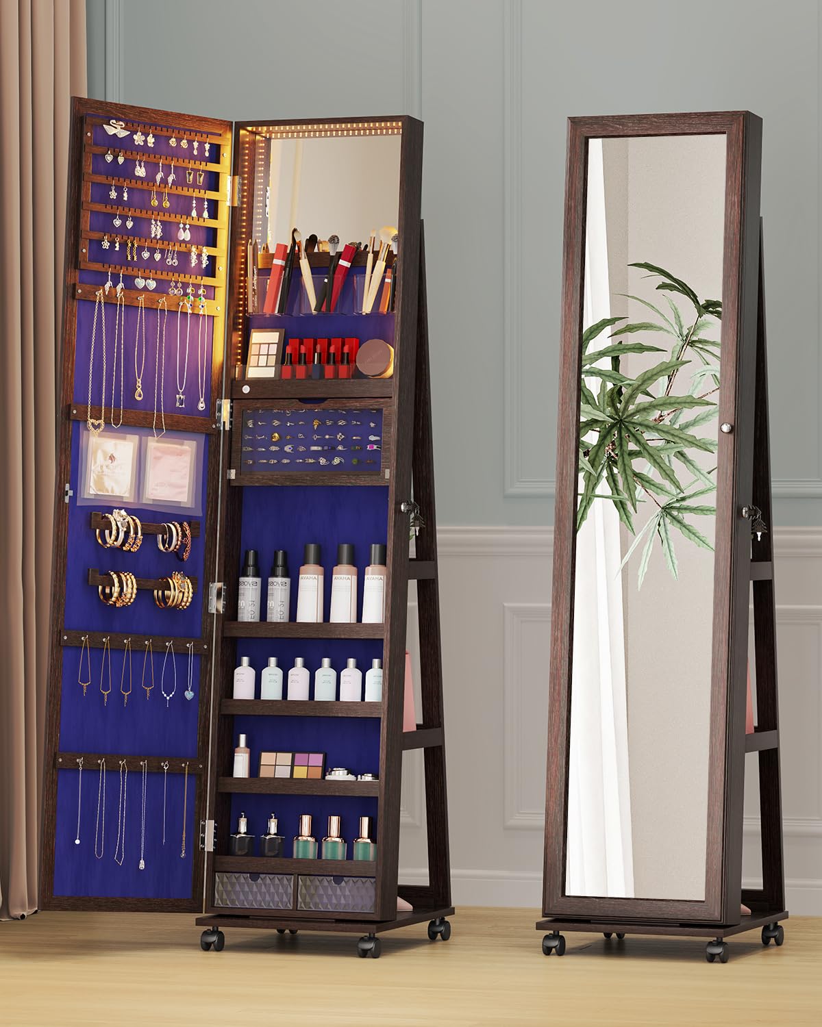 Full Length Mirror with Jewelry Storage - 360° Swivel Jewelry Cabinet with LED Lights & Lockable Organizer | Standing Jewelry Armoire with Mirror for Bedroom, Dressing Room & Christmas Gifts (Brown)