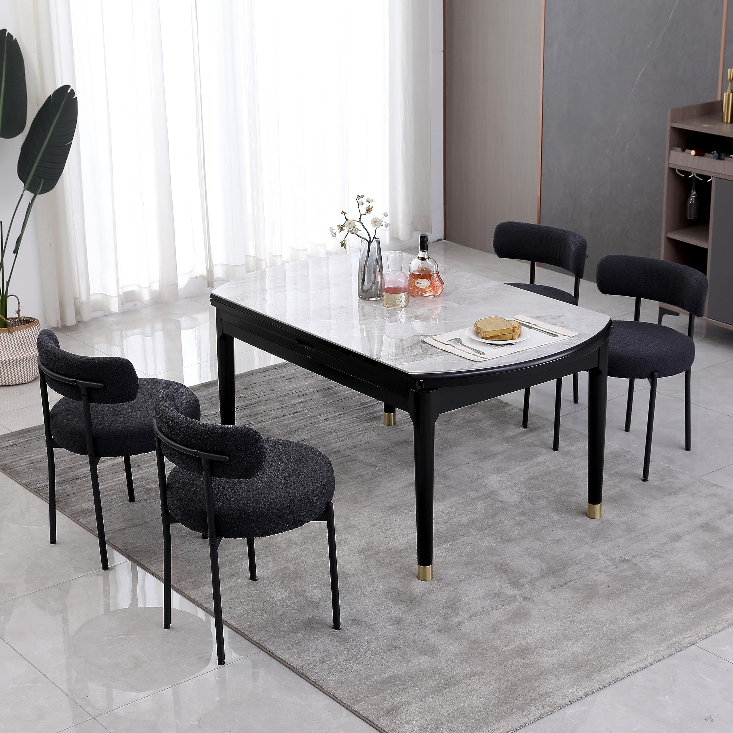 Black Boucle Dining Chairs Set of 4 - Round Upholstered Mid-Century Modern Kitchen Chairs with Curved Backrest & Metal Legs - Perfect for Dining Room, Kitchen Island, Breakfast Nook & Small Space Decor