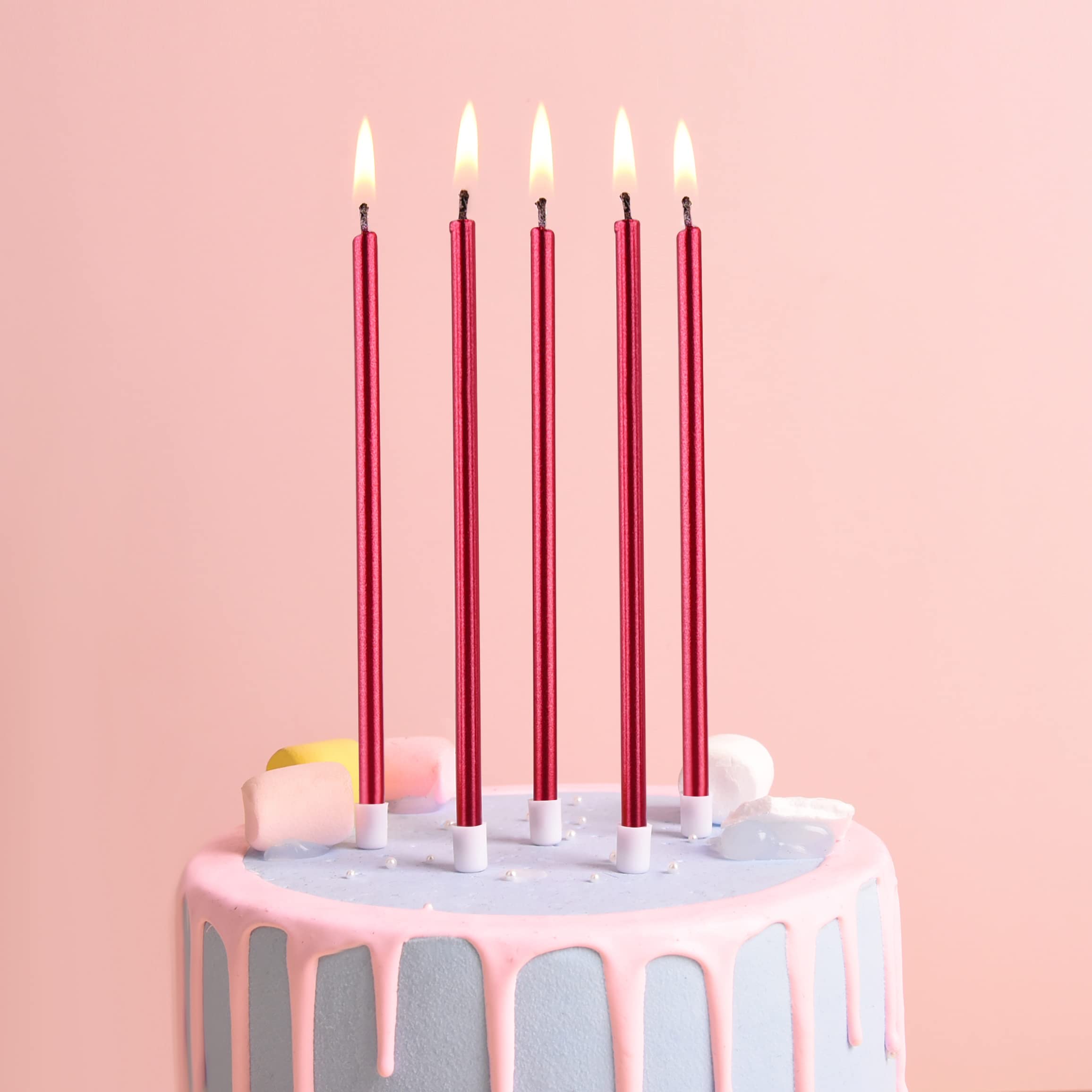 PHD CAKE Red Long Thin Metallic Birthday Candles - Elegant Cake Candles for Birthday Parties, Wedding Decorations & Special Events - Perfect for Cakes, Cupcakes & Dessert Displays