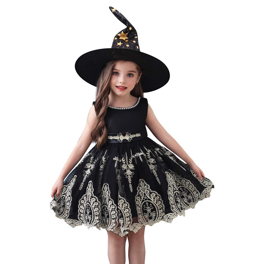 Halloween Princess Dress for Toddler Girls - Black Embroidered Tulle Tutu Ball Gown with Matching Hat | Perfect for Costume Parties, Trick-or-Treating & Formal Events