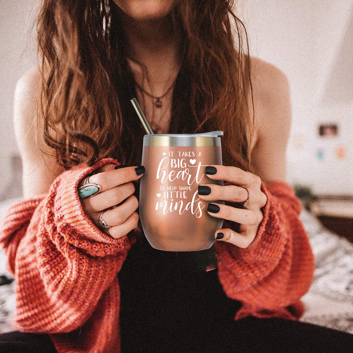 ELEGANTPARK 12oz Rose Gold Stainless Steel Tumbler with Lid and Straw - Perfect Teacher Gift for Women, Birthday, Valentine's Day, Graduation, Christmas & Appreciation - Ideal for Classroom, Office, Travel & Daily Hydration