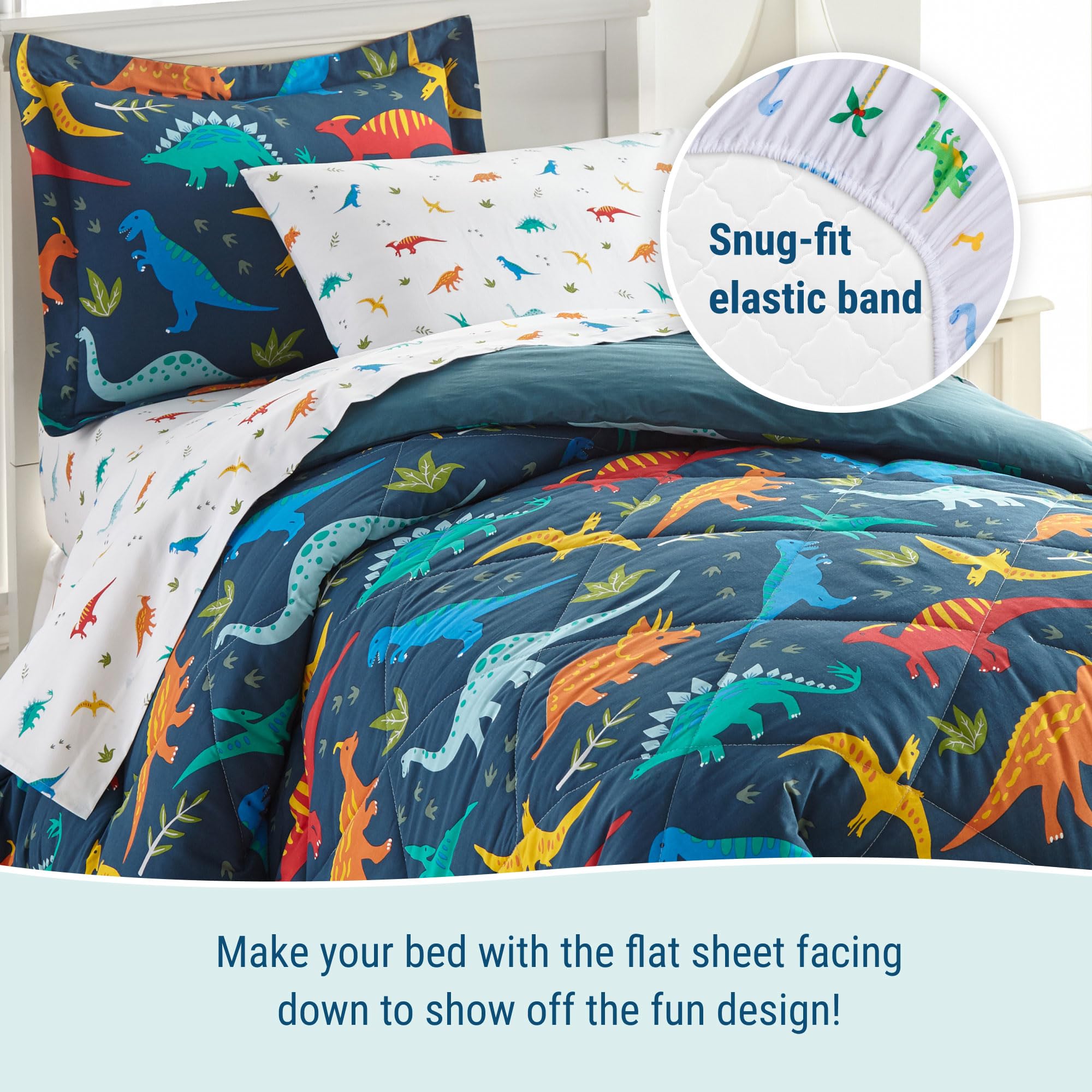 Wildkin 7-Piece Full Bedding Set - 100% Cotton Comforter, Sheets & Pillowcases - Jurassic Dinosaur Print - Soft & Breathable for Kids & Adults - Perfect for Bedrooms, Dorms & Sleepovers