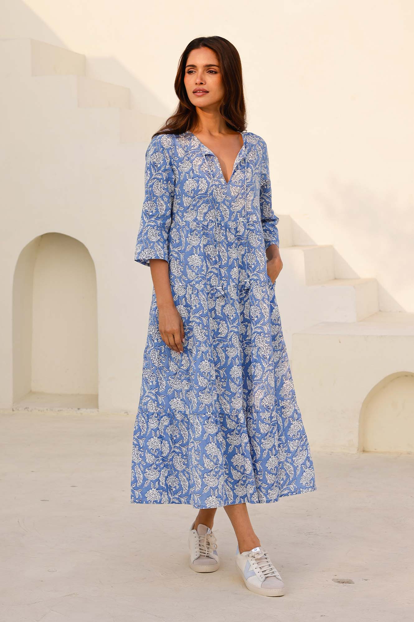 Emma Organic Cotton Dress for Women - Soft & Breathable Blue/White Floral Print - Perfect for Summer Outings & Casual Wear