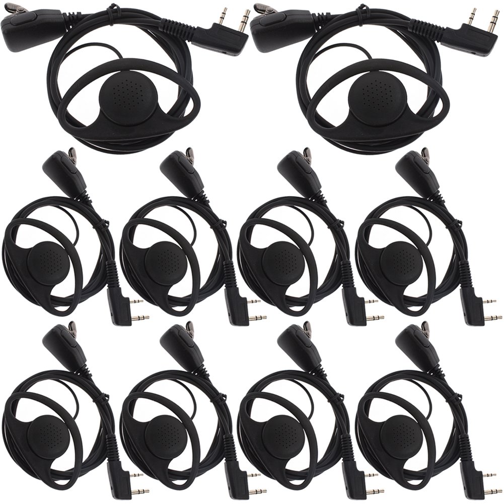 TENQ D-Shape Earpiece Headset with PTT Button for Kenwood Puxing Wouxun Baofeng Two-Way Radios - 2-Pin Connector (10 Pack) - Perfect for Security, Construction & Outdoor Communication