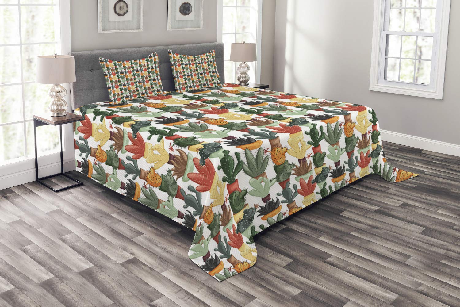Ambesonne 3-Piece King Size Cactus Bedspread Set with 2 Pillow Shams - Mexican Succulent Botanical Print Multicolor Bedding - Perfect for Boho Bedroom Decor & Southwest Home Styling