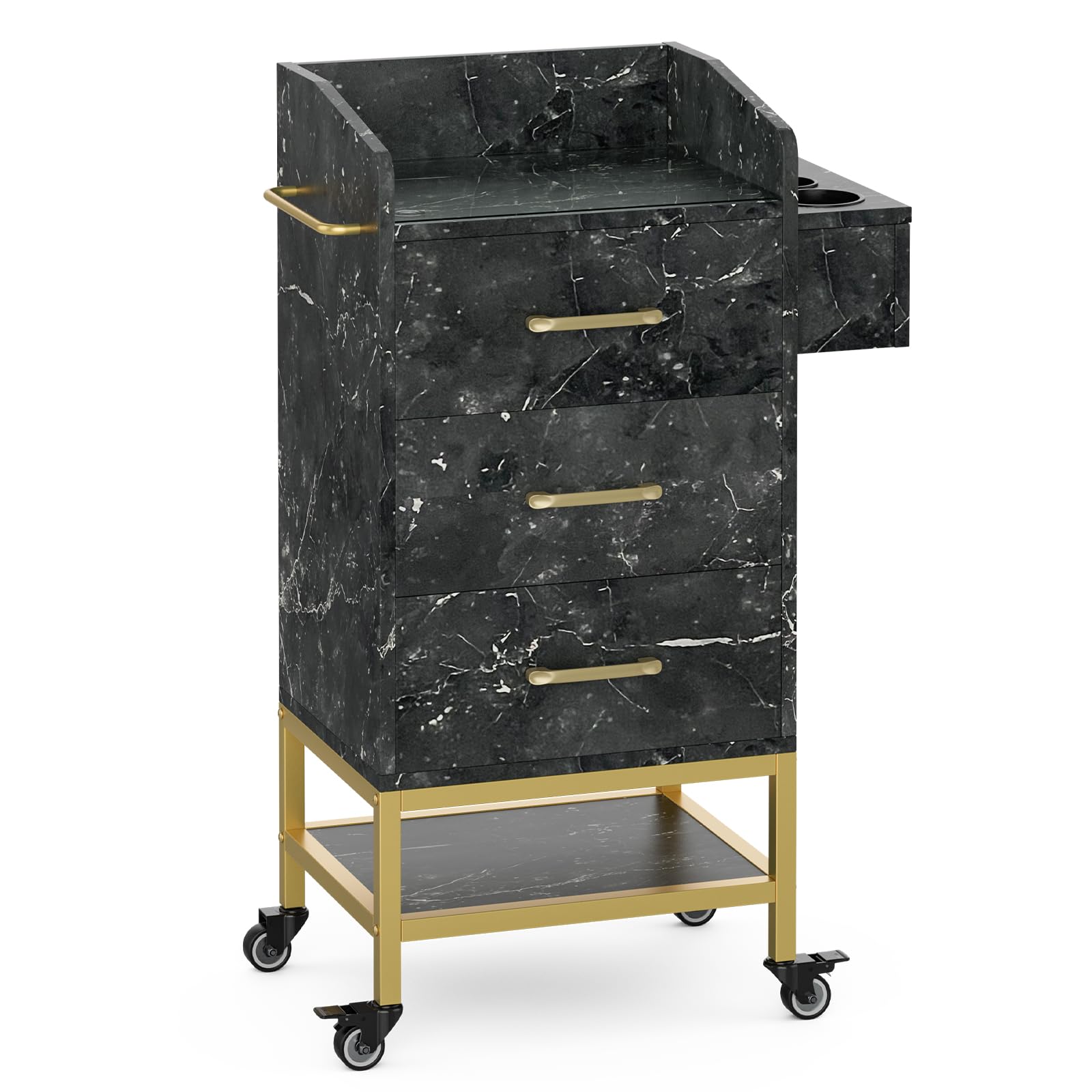 Professional Beauty Salon Storage Trolley Cart with Lockable Wheels - Black Marble Glass Top Hair Stylist Station Cabinet with Drawers - Ideal for Salon Organization, Barber Shop Furniture & Mobile Styling Workstations