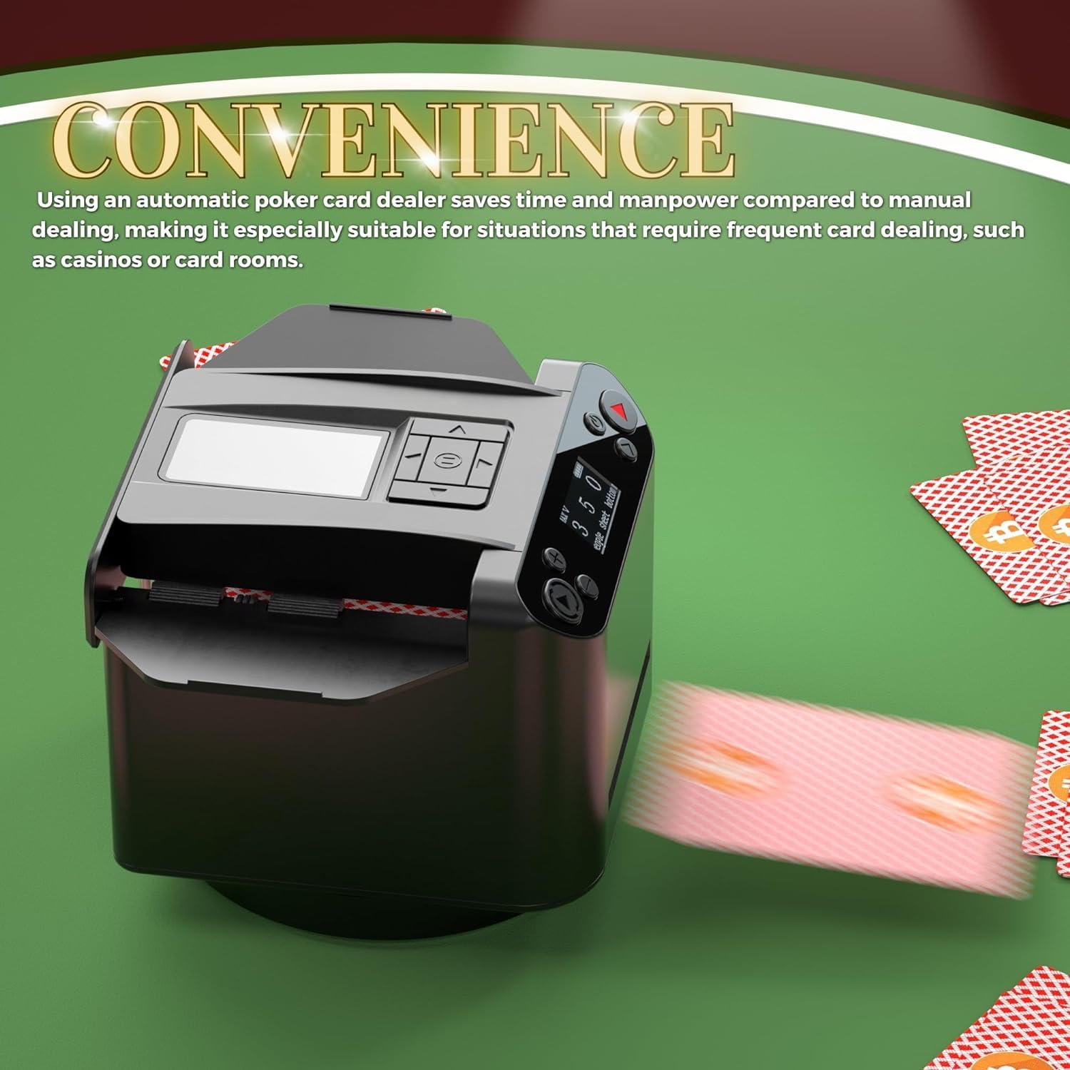 360° Rotating Automatic Card Shuffler & Dealer Machine - Rechargeable, Programmable Black Playing Cards Shuffler & Distributor for Casino Nights, Poker Games & Family Card Parties