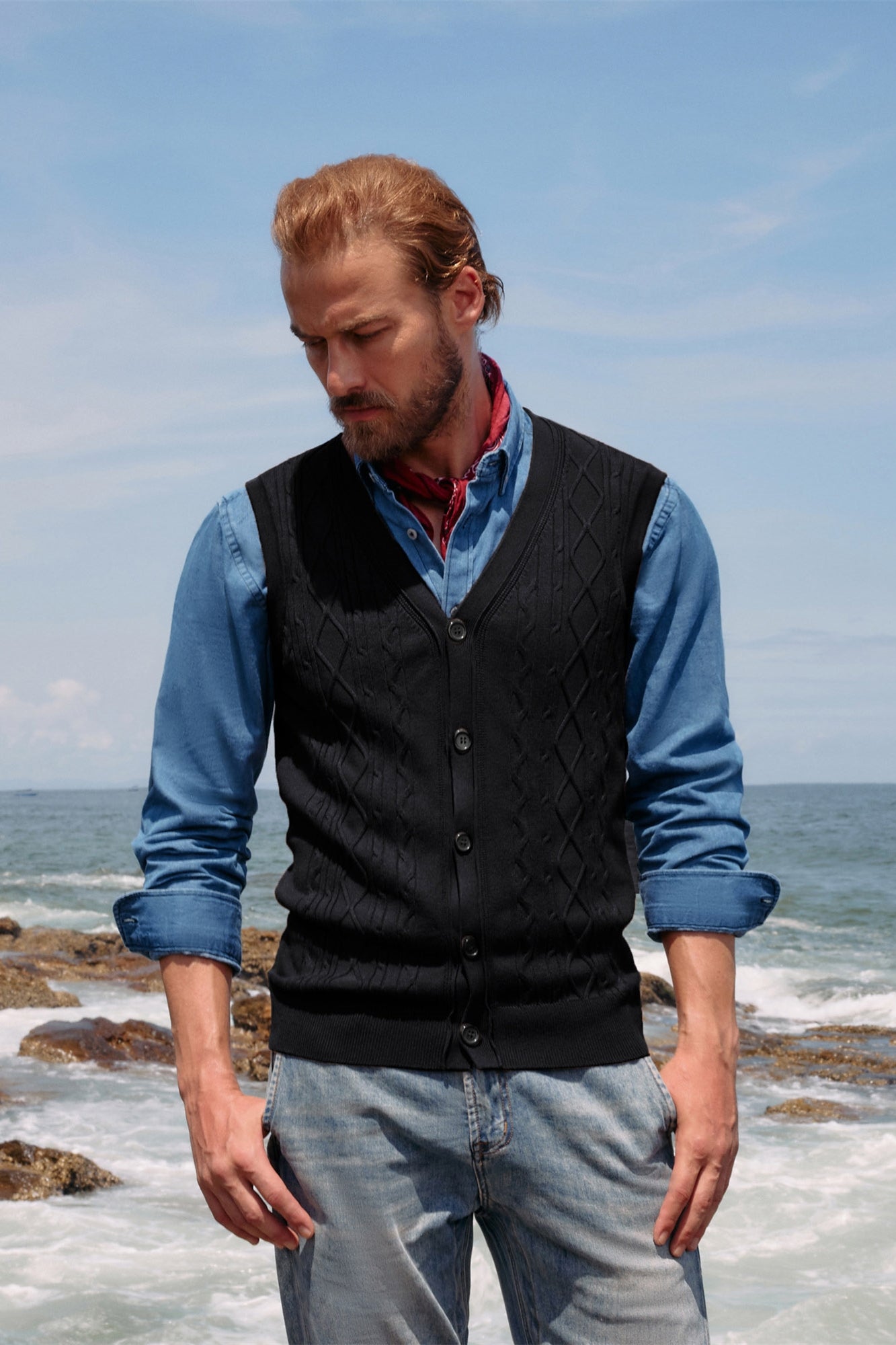 Men's V-Neck Cable Knit Sweater Vest - Button Up Sleeveless Cardigan for Casual Wear & Layering