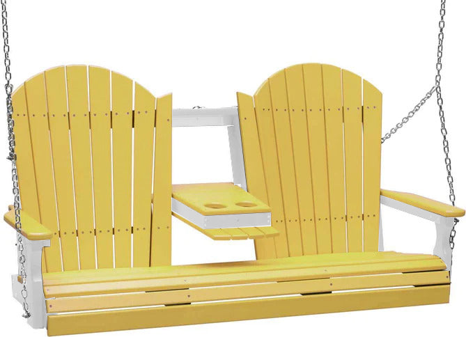 LuxCraft 5ft Yellow Adirondack Porch Swing - Recycled Plastic Outdoor Furniture with Cup Holder | Perfect for Patio, Garden, Backyard Relaxation