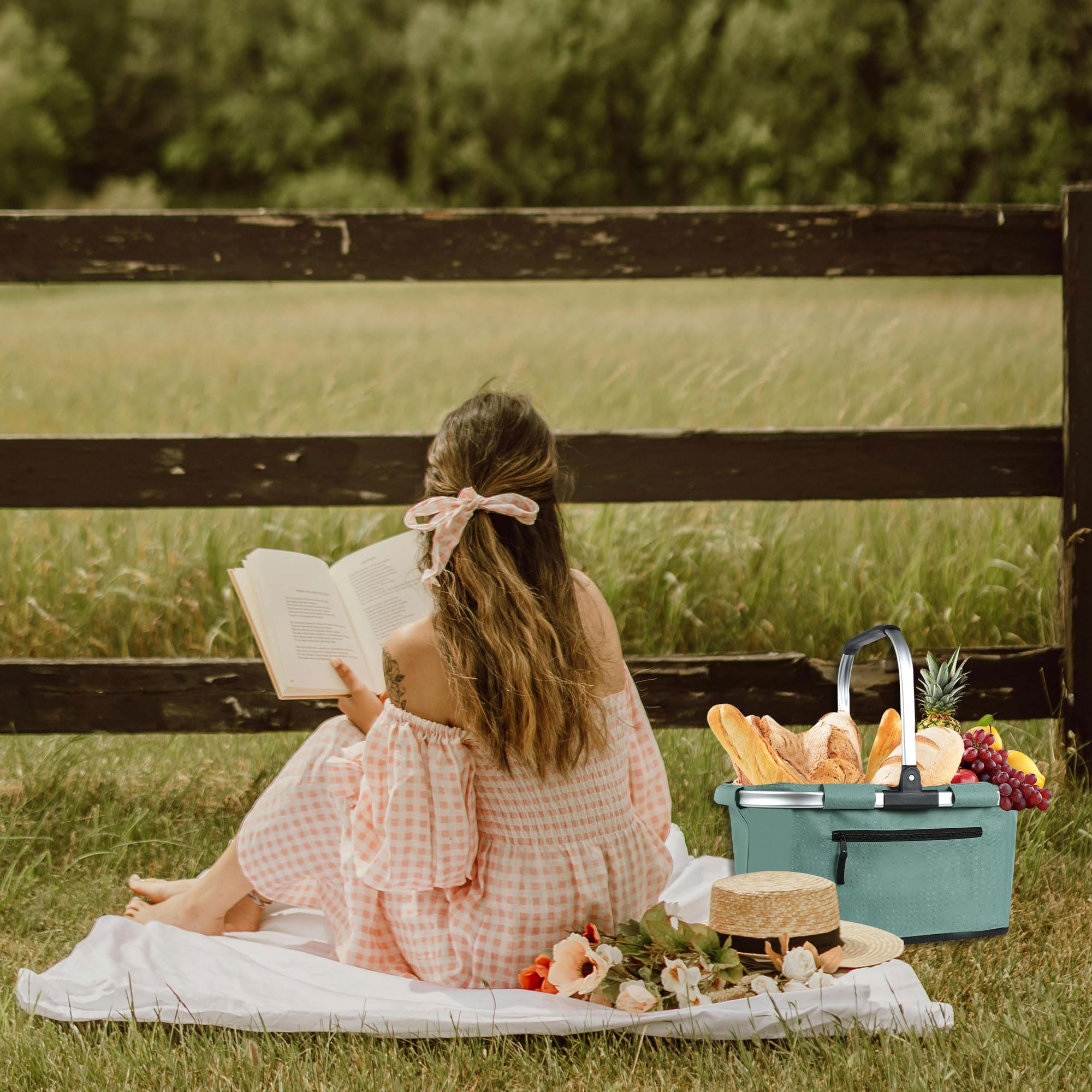 SIYUAN 22L Collapsible Picnic Basket with Handle - Portable Folding Grocery Basket for Shopping, Laundry & Travel - Reusable Green Storage Organizer for Outdoor Picnics, Beach Trips & Camping