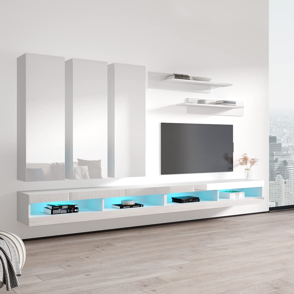 Modern White Floating TV Stand with Storage & LED Lights - Wall-Mounted Entertainment Center for Bedroom & Living Room - E1 34